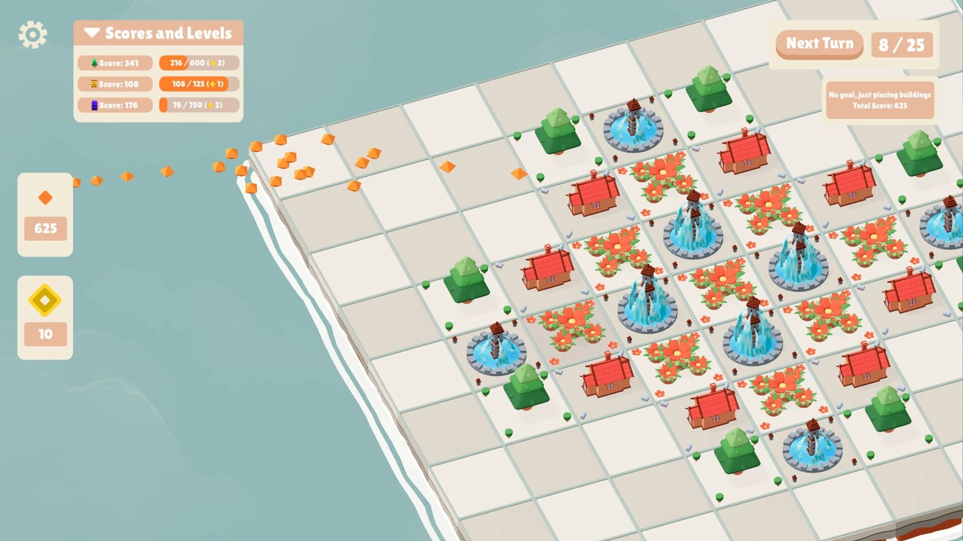 Around the Block: Grid layout with trees, houses, fountains, scores, and next turn button on island