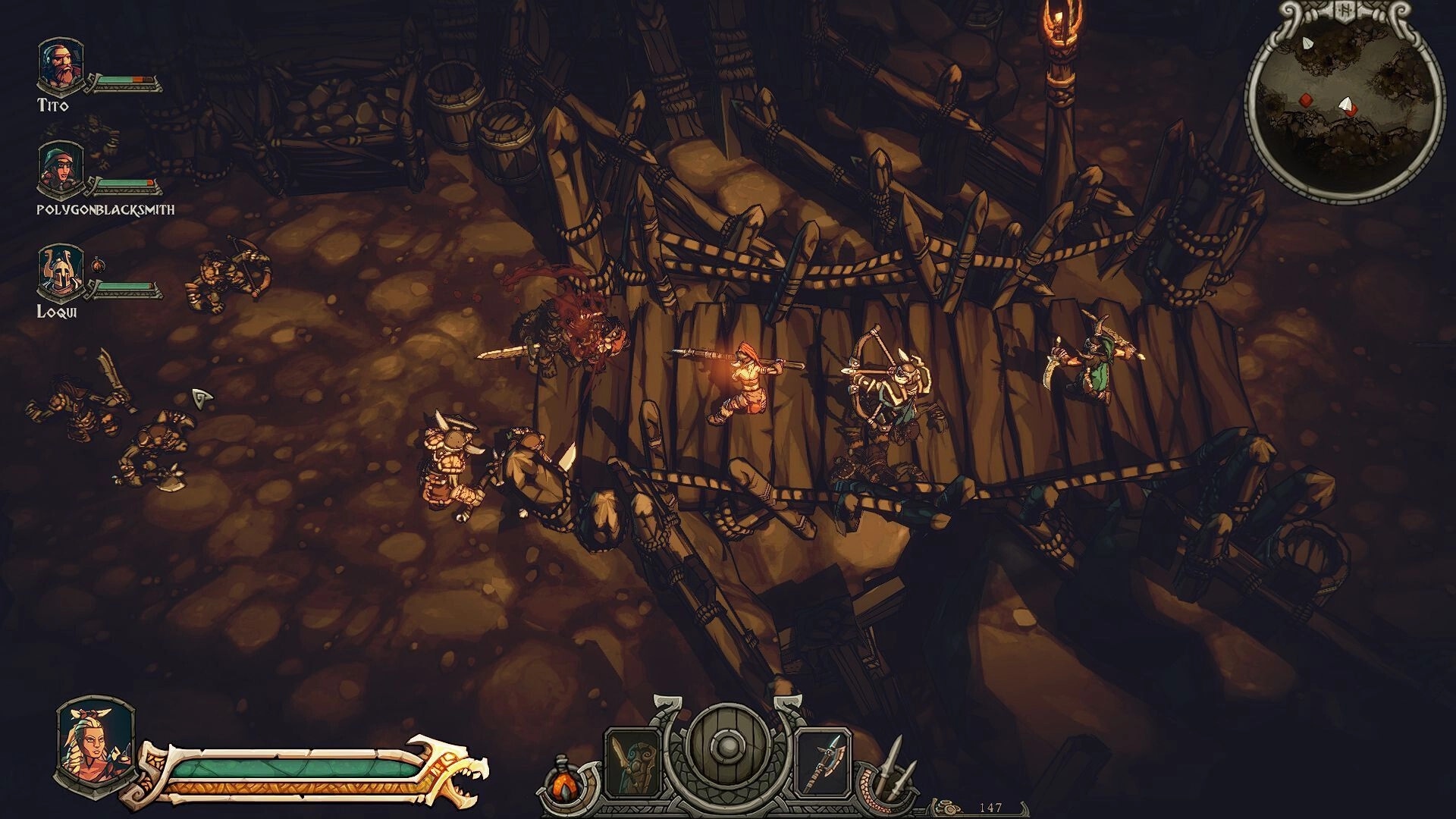 Arran: Co-op heroes fight goblins on a spiked wooden bridge, with party portraits and minimap UI.