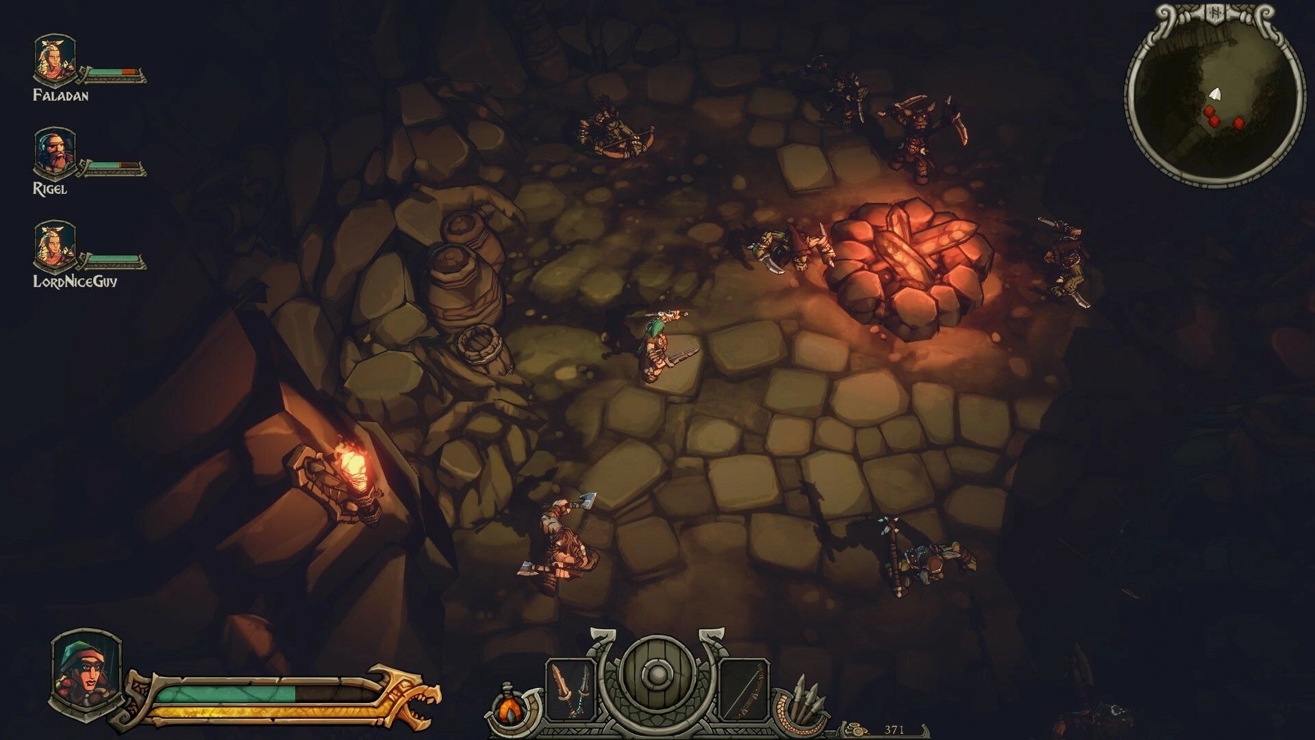 Arran: Co-op heroes circle a glowing crystal pile in a dungeon room, party frames and minimap visible.