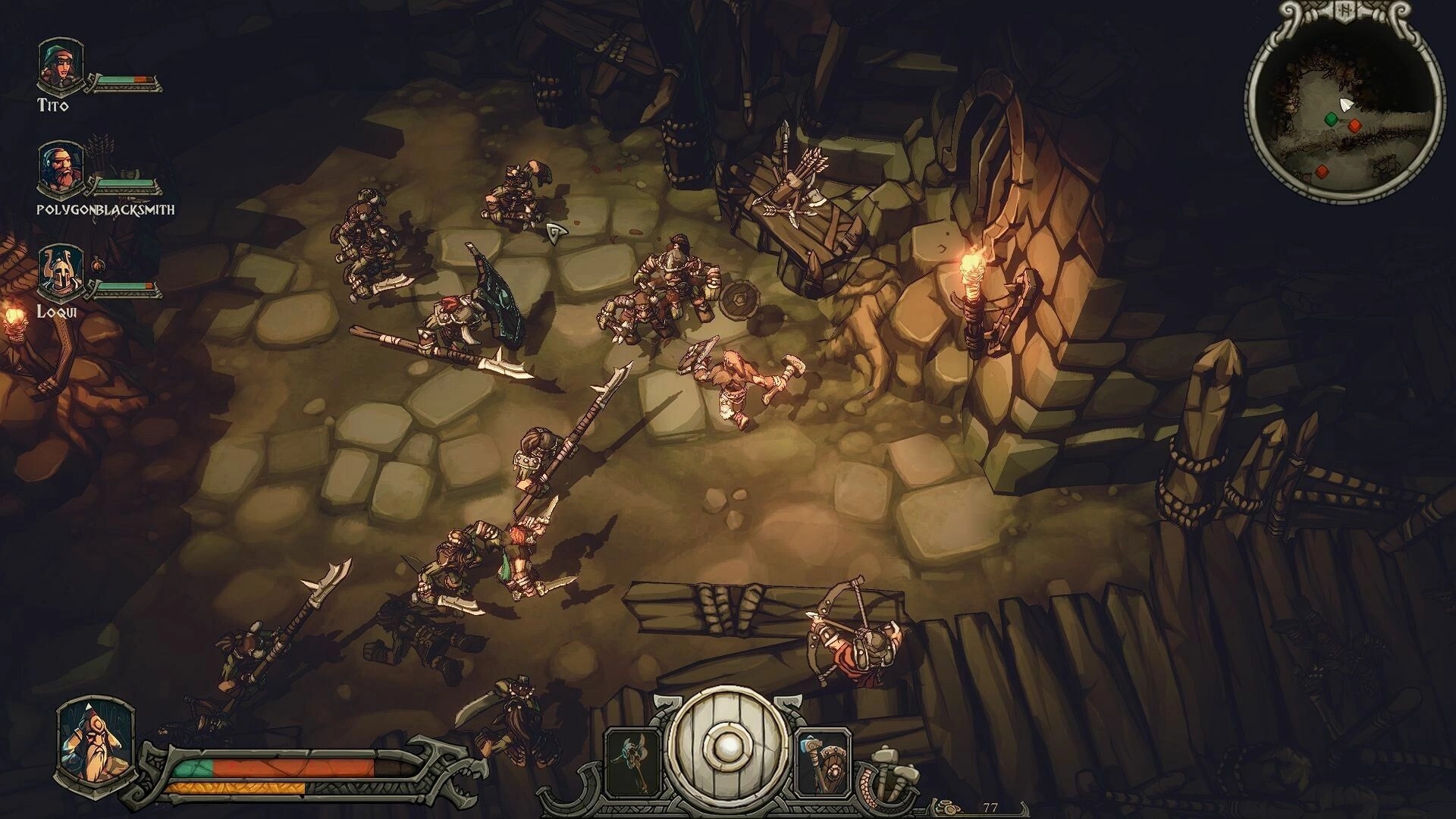 Arran: Co-op party battles spear-wielding foes in a torchlit stone dungeon with minimap and HUD.