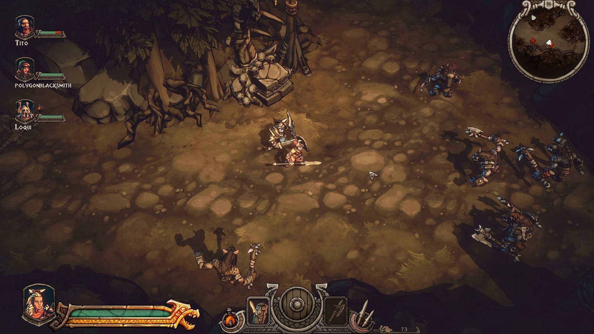 Arran: Three heroes face scattered axe-wielding foes on a rocky path with party UI and minimap.