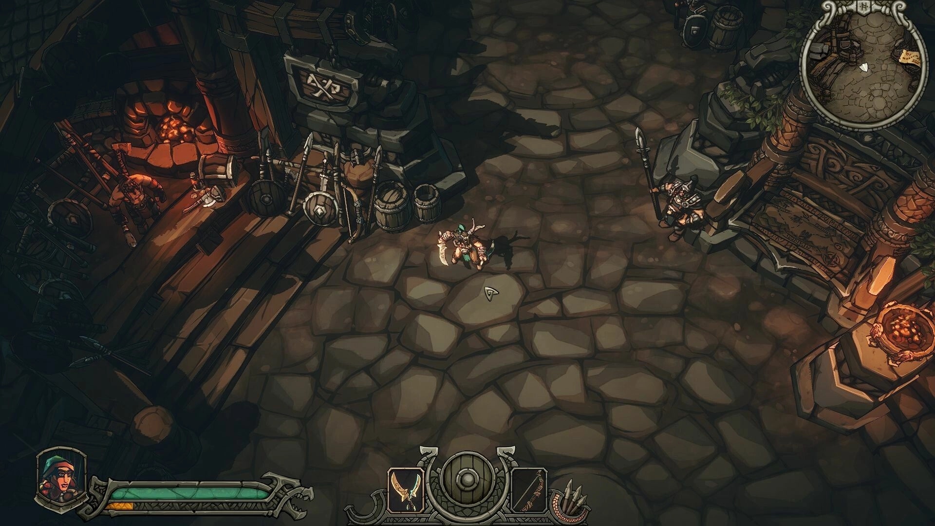 Arran: Hero walks through stone courtyard past forge and guards, with minimap and hotbar UI visible.