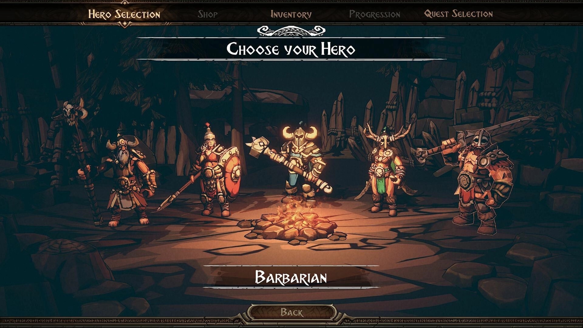 Arran: Hero selection screen with five armored warriors around a campfire in a rocky cavern hub.