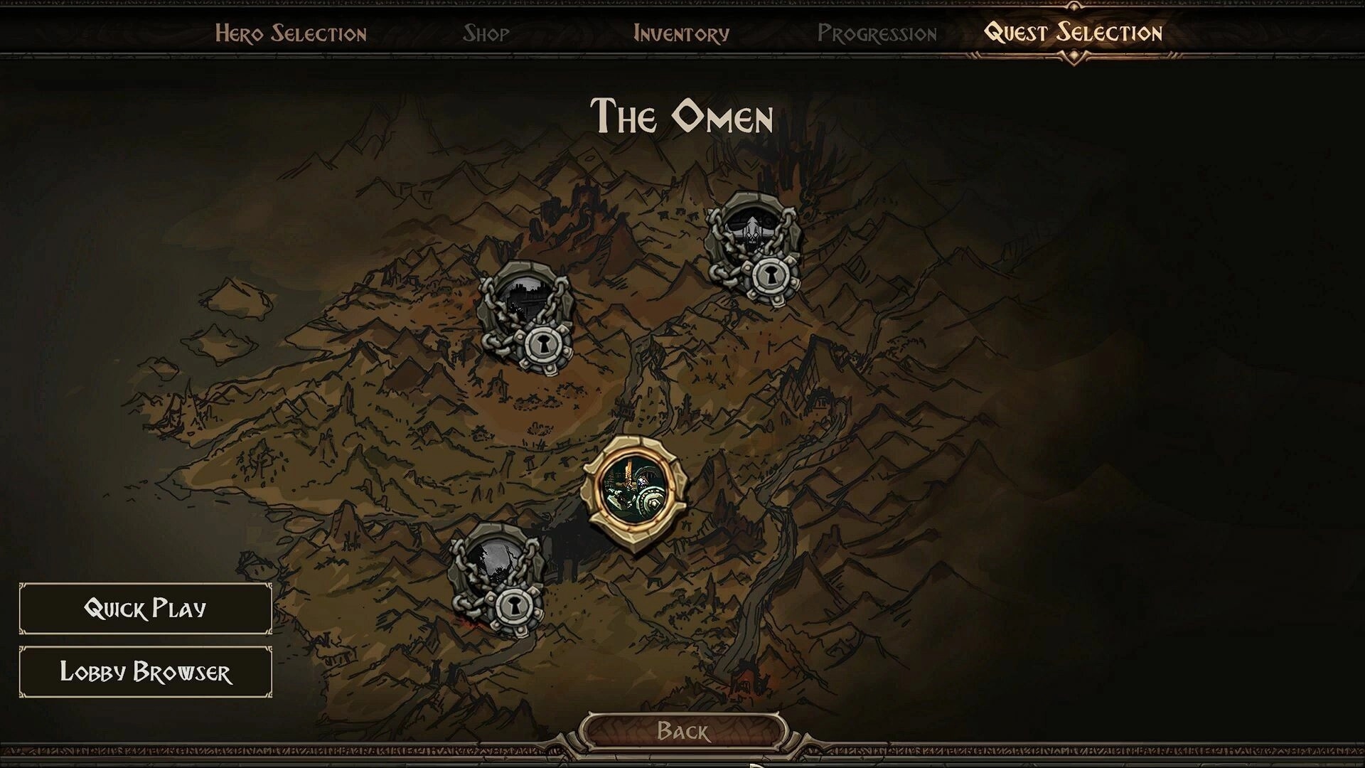 Arran: Quest Selection map titled The Omen with locked nodes, Quick Play and Lobby Browser buttons.
