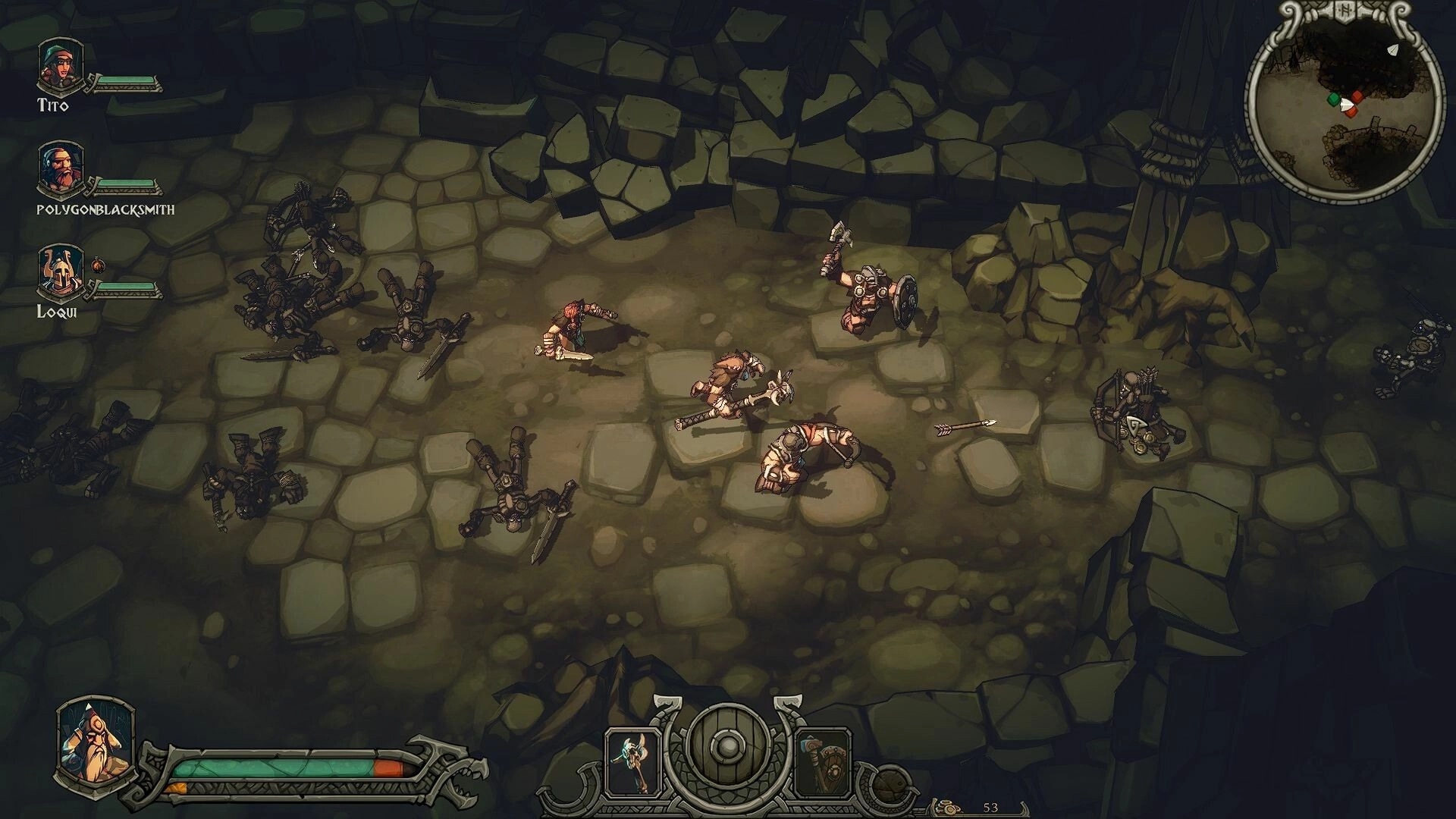 Arran: Co-op heroes battle fallen armored foes on stone dungeon floor with party portraits and minimap UI.