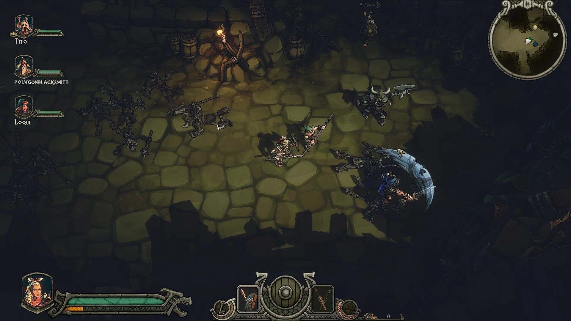 Arran: Co-op heroes stand amid fallen foes on torchlit stone dungeon floor, minimap and party UI visible.