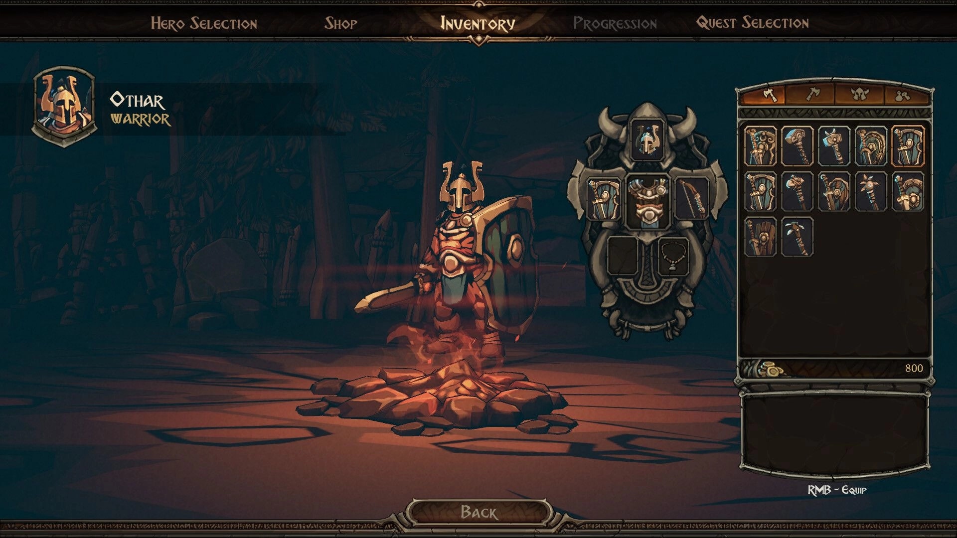 Arran: Othar warrior inventory screen with equipped armor slots and item grid in a dim camp cave.