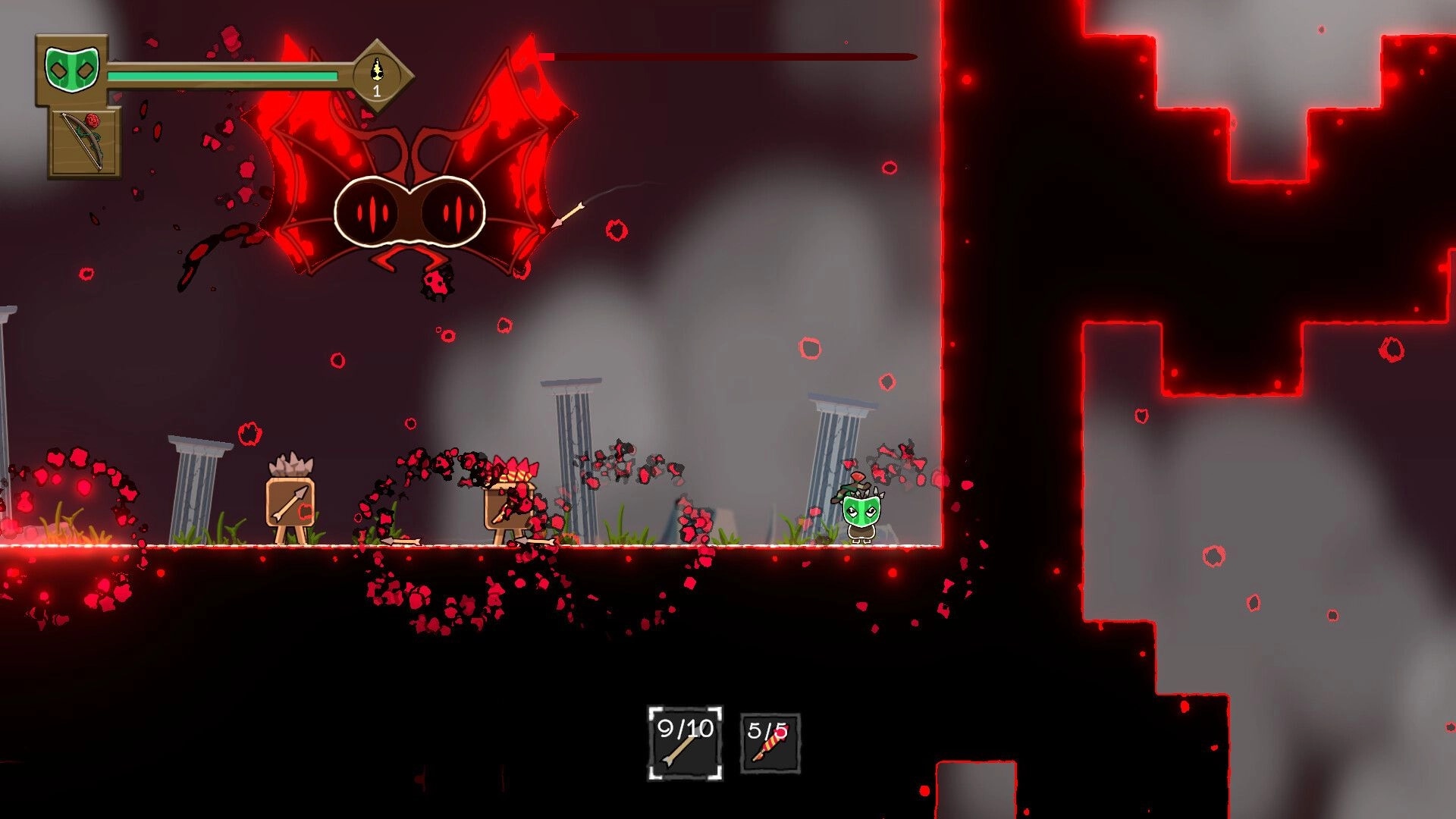 Arrowman: Battling a giant red bat in a dark cave with pillars and glowing red edges