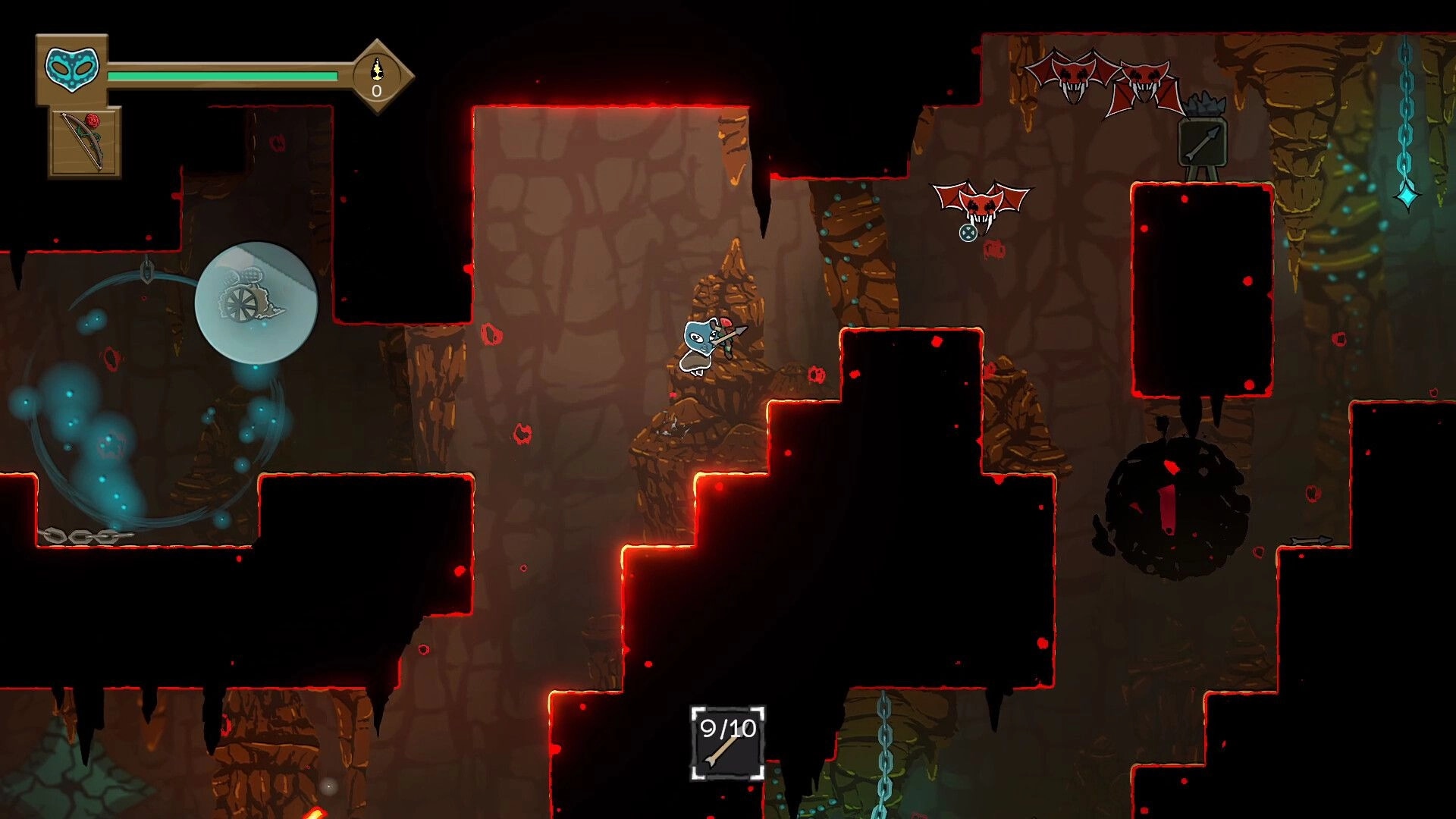 Arrowman: Jumping over lava-lit platforms with bats in a dark cave, health bar and arrows displayed