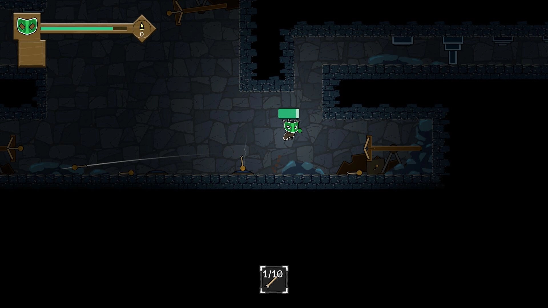 Arrowman: Character jumps in dark stone dungeon with health bar and arrow inventory visible