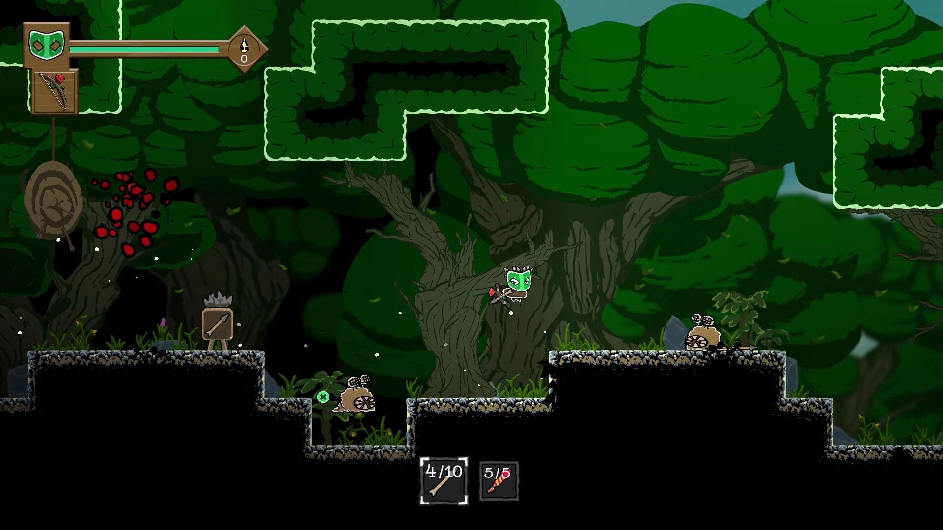 Arrowman: Player character jumping near stone enemies in dense forest terrain with UI showing arrows count