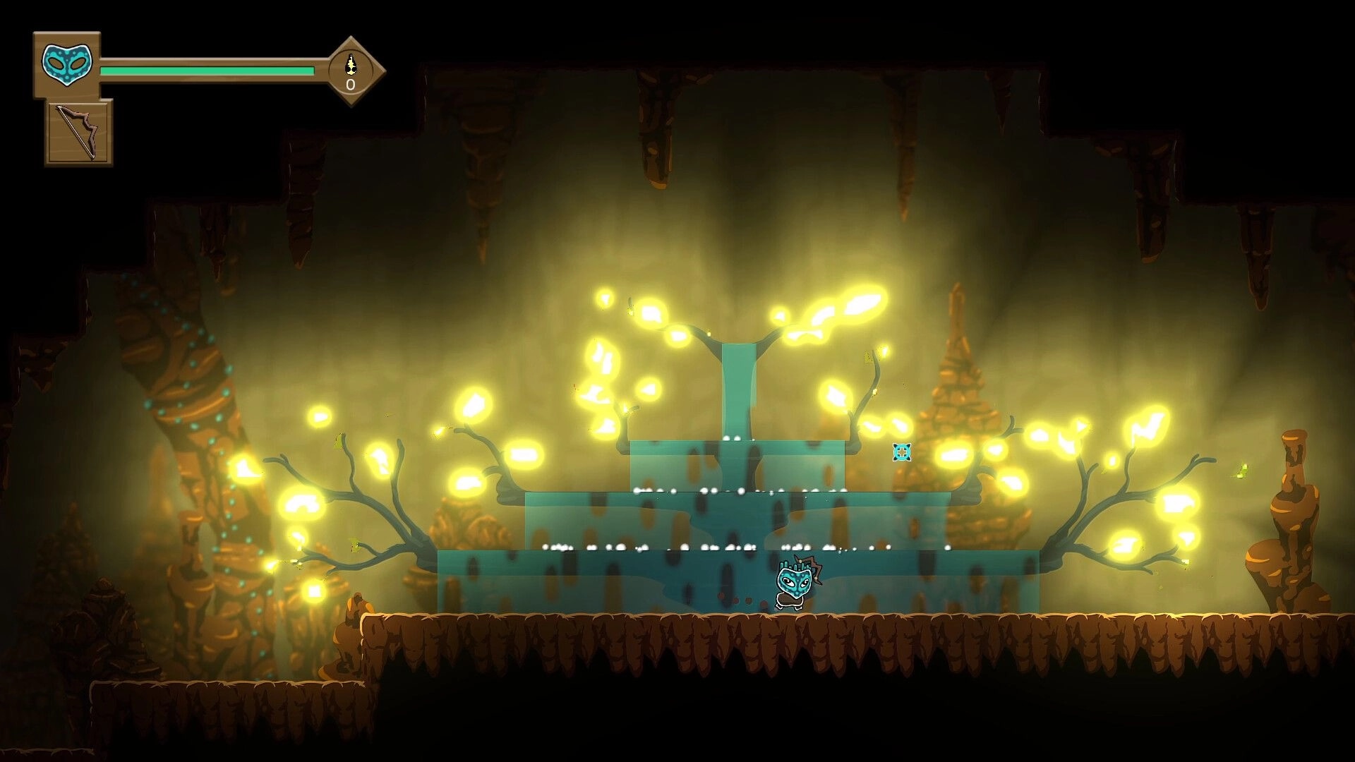 Arrowman: Exploring illuminated cave with glowing trees and health bar HUD in mysterious environment.