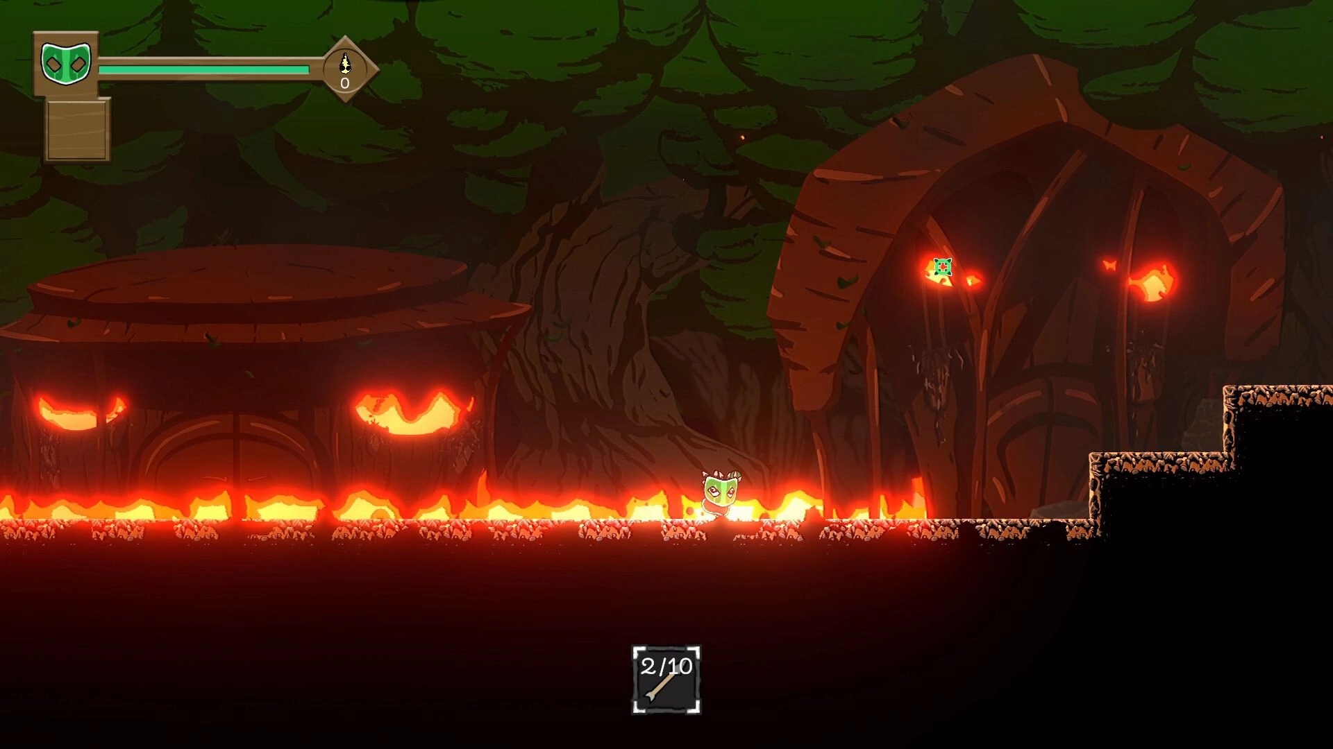 Arrowman: Character navigating fiery forest path with health bar, arrows counter, and glowing trees