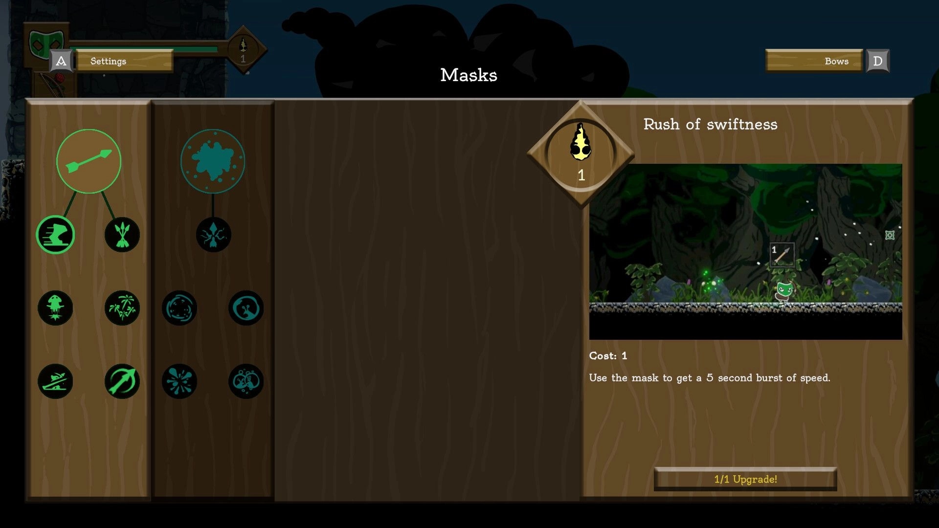 Arrowman: Mask selection menu with skill tree and "Rush of swiftness" description in forest setting