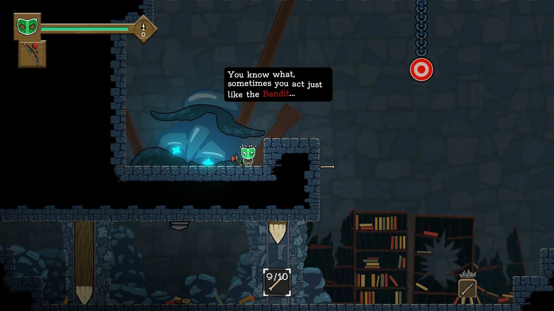 Arrowman: Character near glowing statue with dialogue and target in stone chamber with library shelves