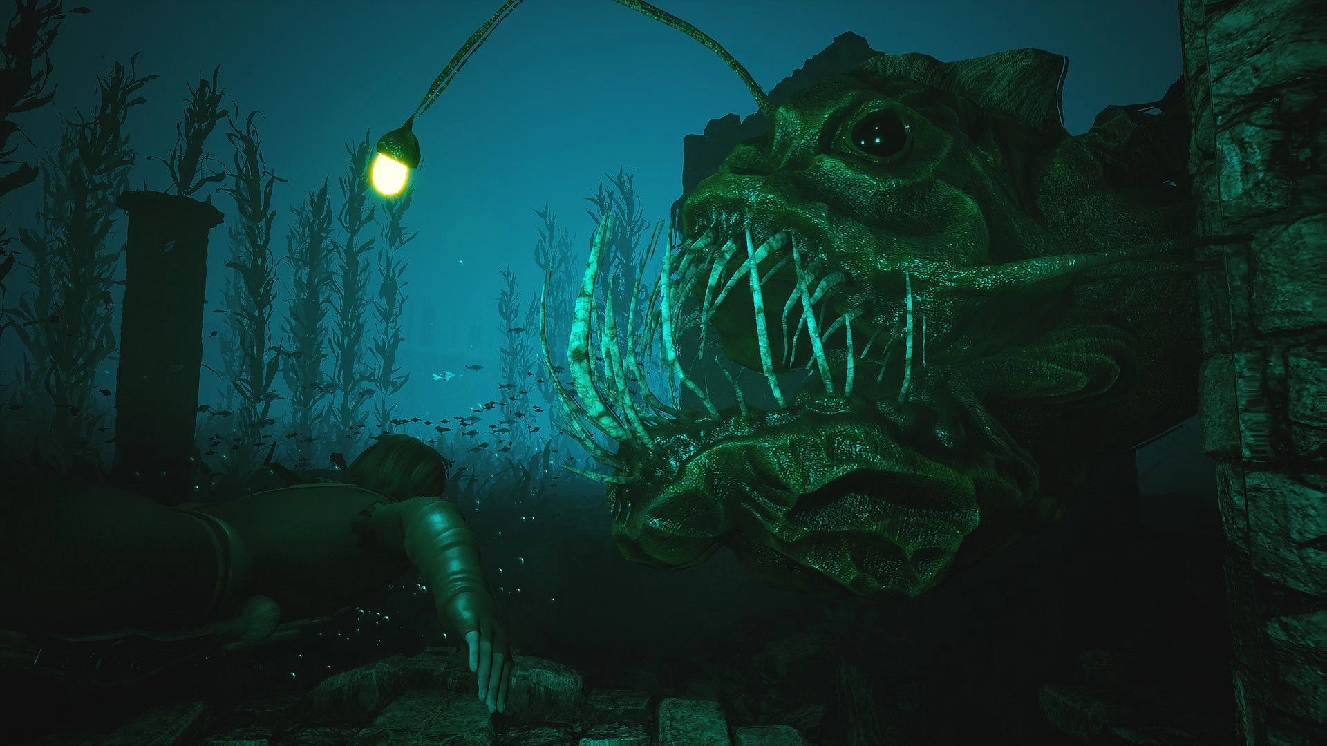 Ars Notoria: Diver confronts giant anglerfish in eerie underwater ruins with glowing light above.