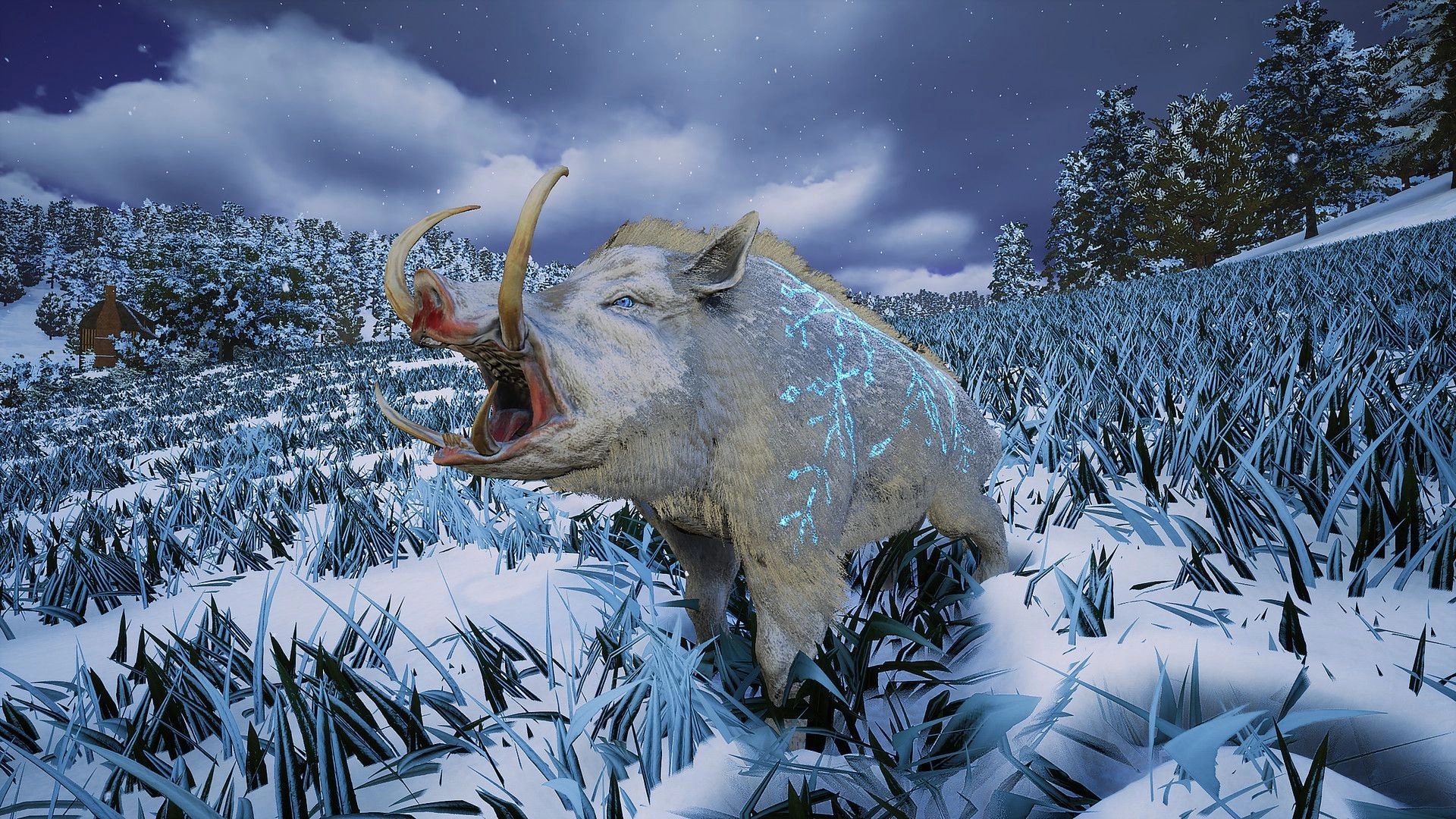 Ars Notoria: Enchanted boar with glowing symbols in snowy forest clearing under a starry night sky