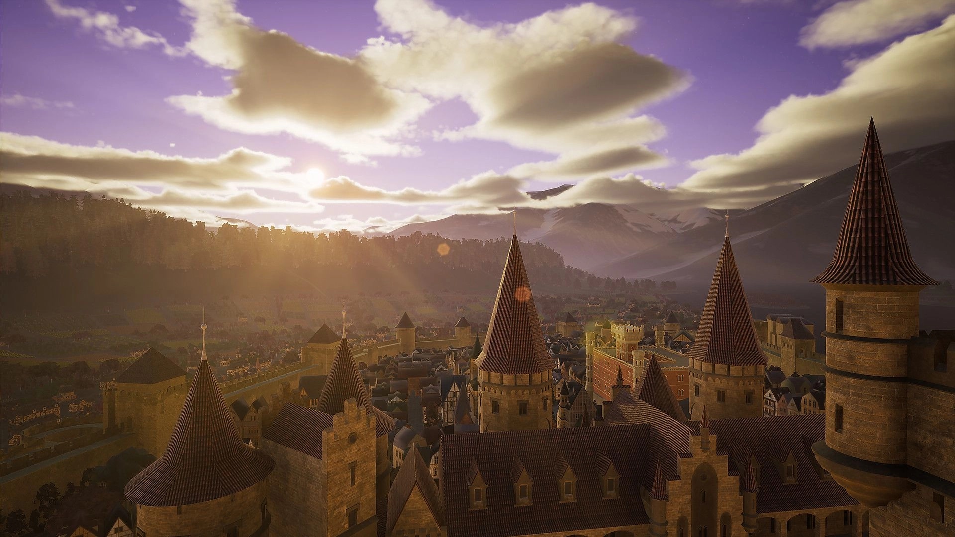 Ars Notoria: Majestic medieval cityscape at sunset with towering spires and distant rolling mountains