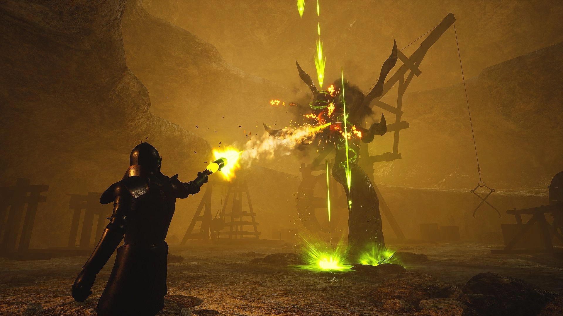 Ars Notoria: Armored character casting fire spell at burning creature in dark cave environment