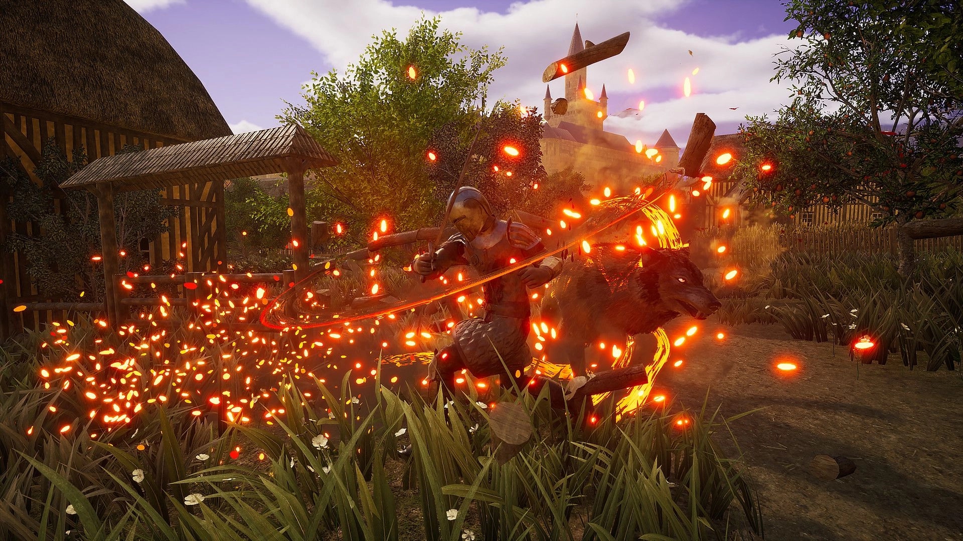 Ars Notoria: Warrior battling fiery wolf in village surrounded by sparks and medieval buildings