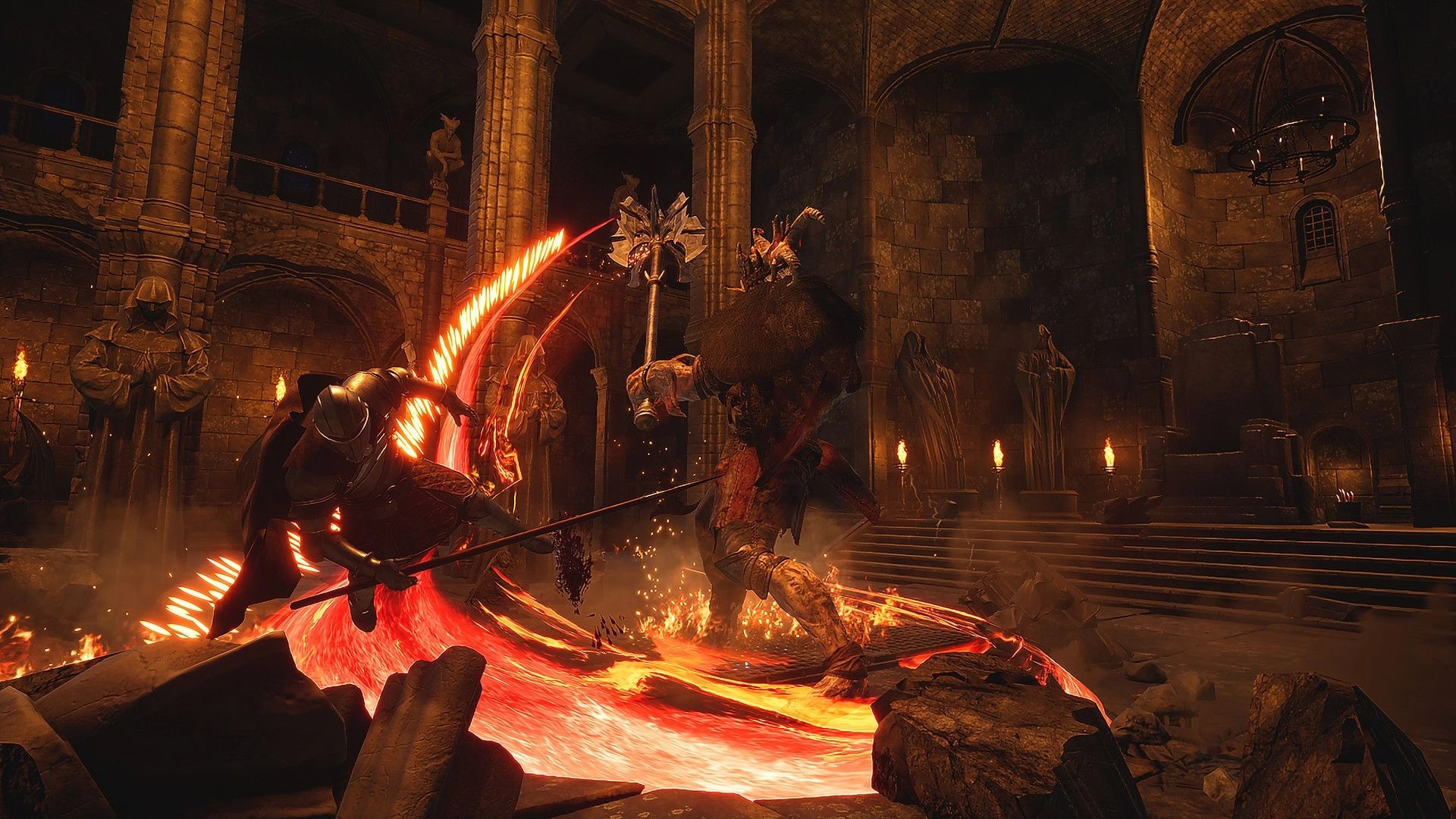 Ars Notoria: Intense combat with armored warrior clashing against giant creature in a fiery, stone chamber