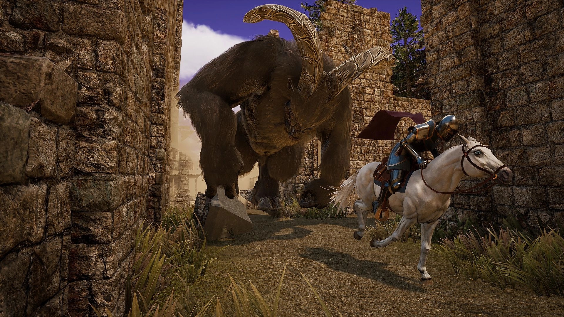 Ars Notoria: Knight on horseback fleeing a giant beast in a narrow stone alleyway