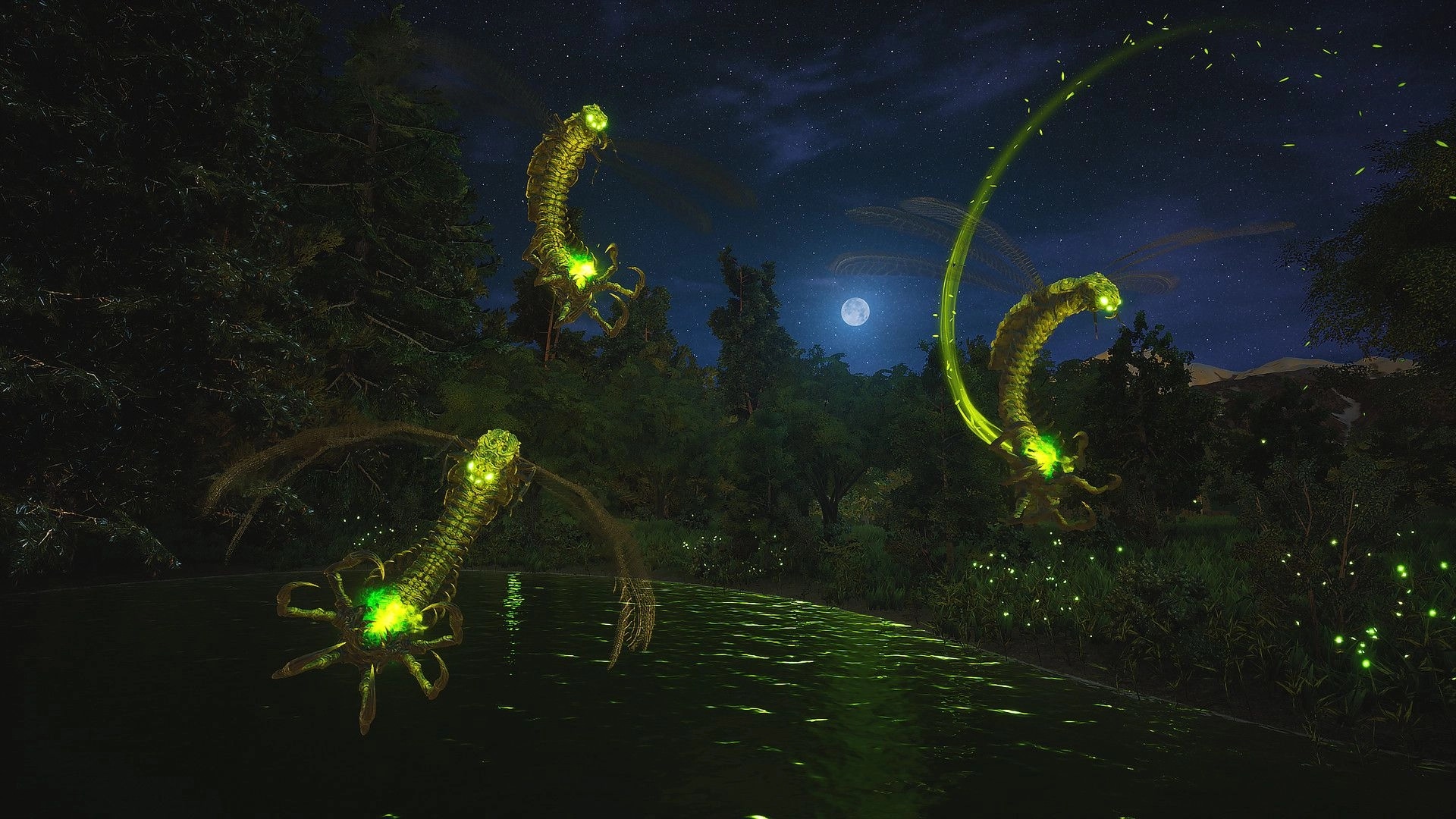 Ars Notoria: Glowing creatures hover above a moonlit forest river, illuminating the night sky.