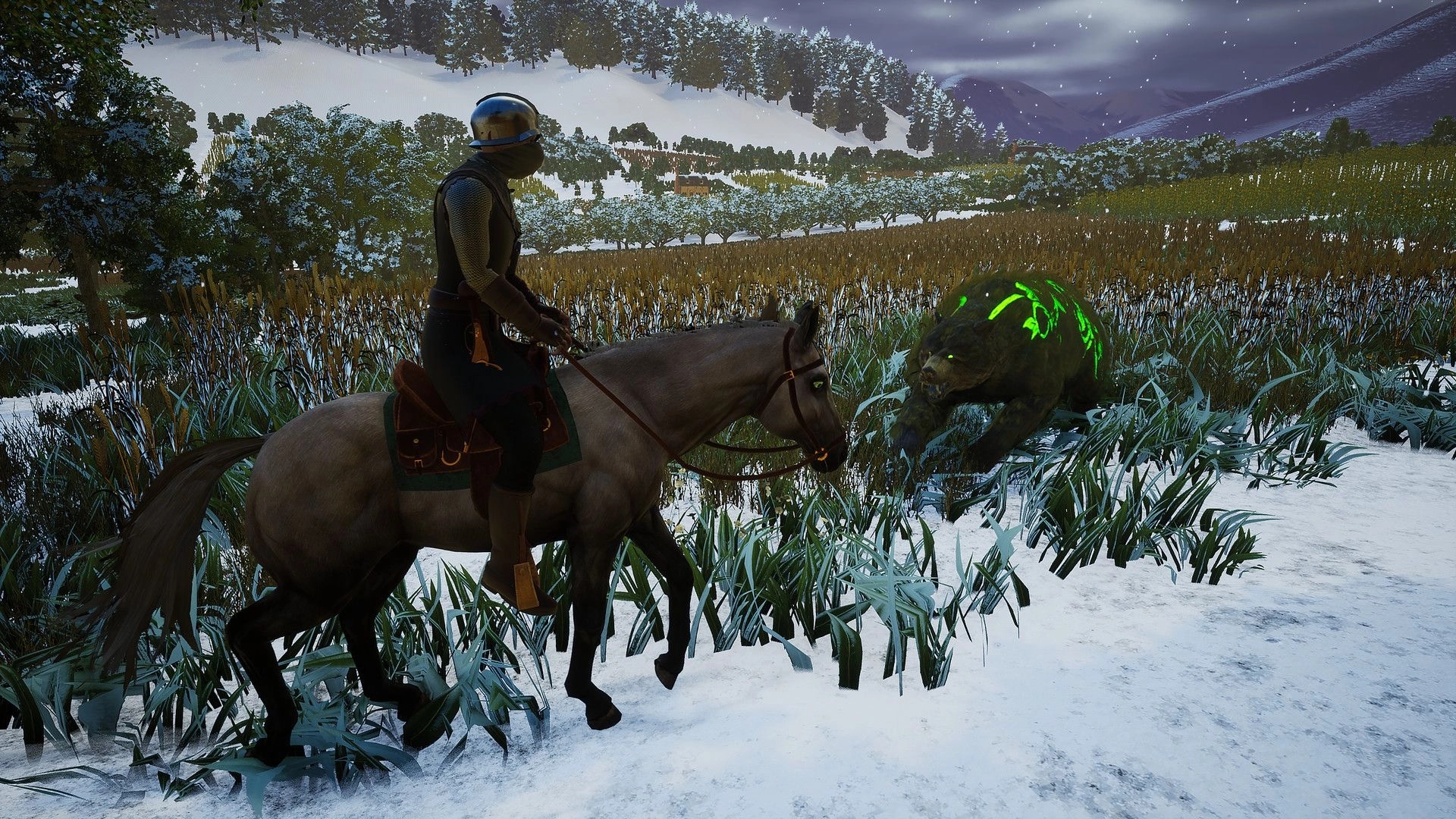 Ars Notoria: Mounted player confronts glowing green creature in snow-covered forest clearing