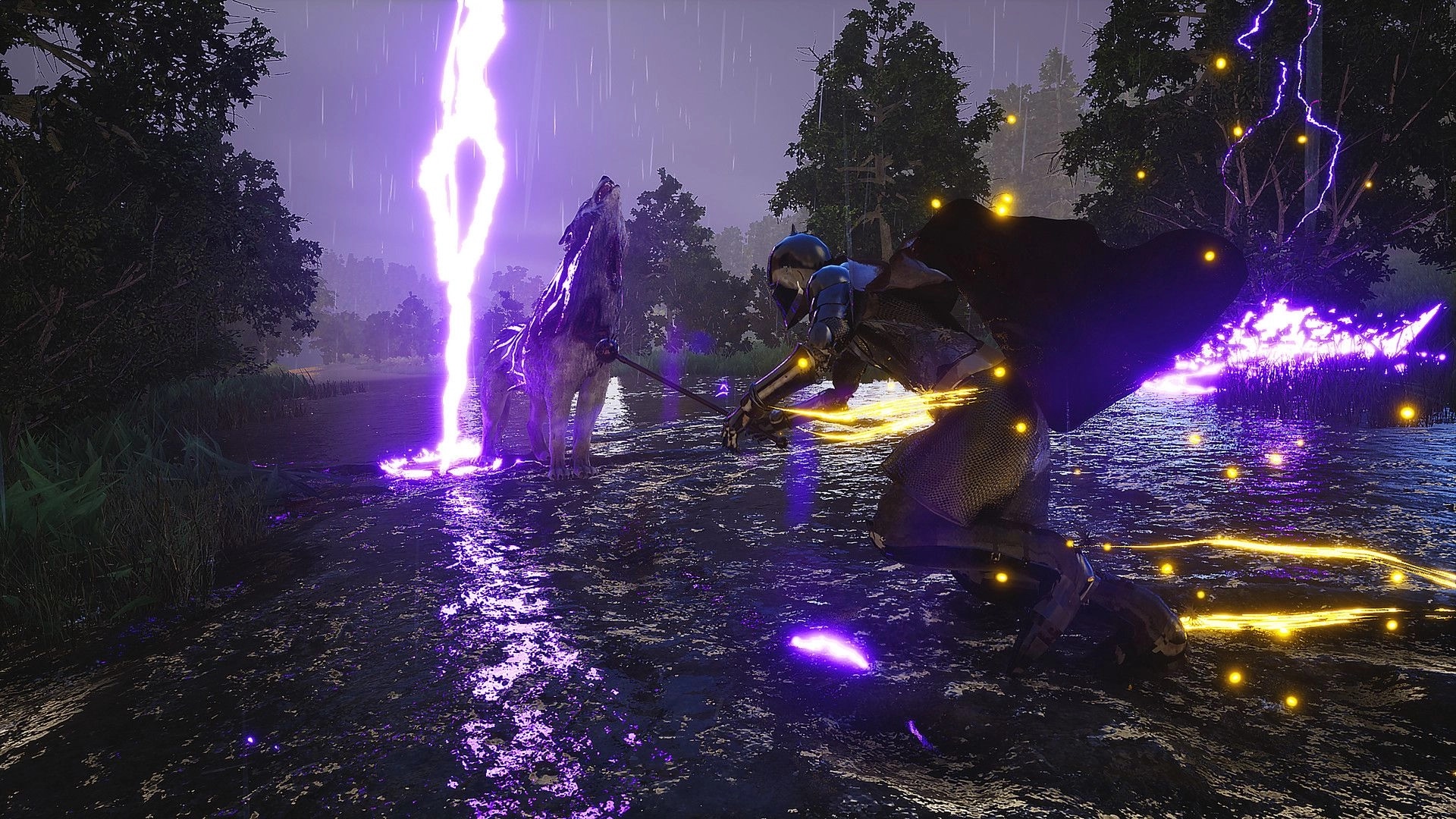 Ars Notoria: Armored warrior battling a glowing creature in a dark, rainy forest setting