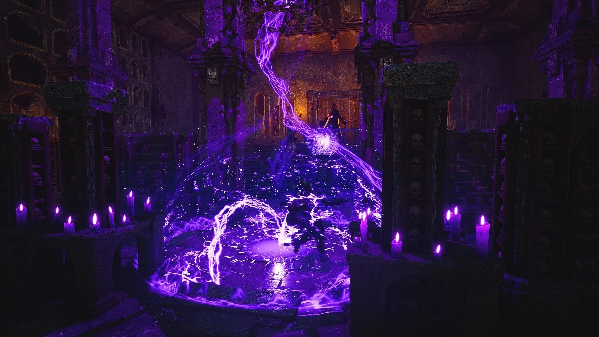 Ars Notoria: Sorcerer casting purple lightning spell in dark, candle-lit crypt filled with skulls