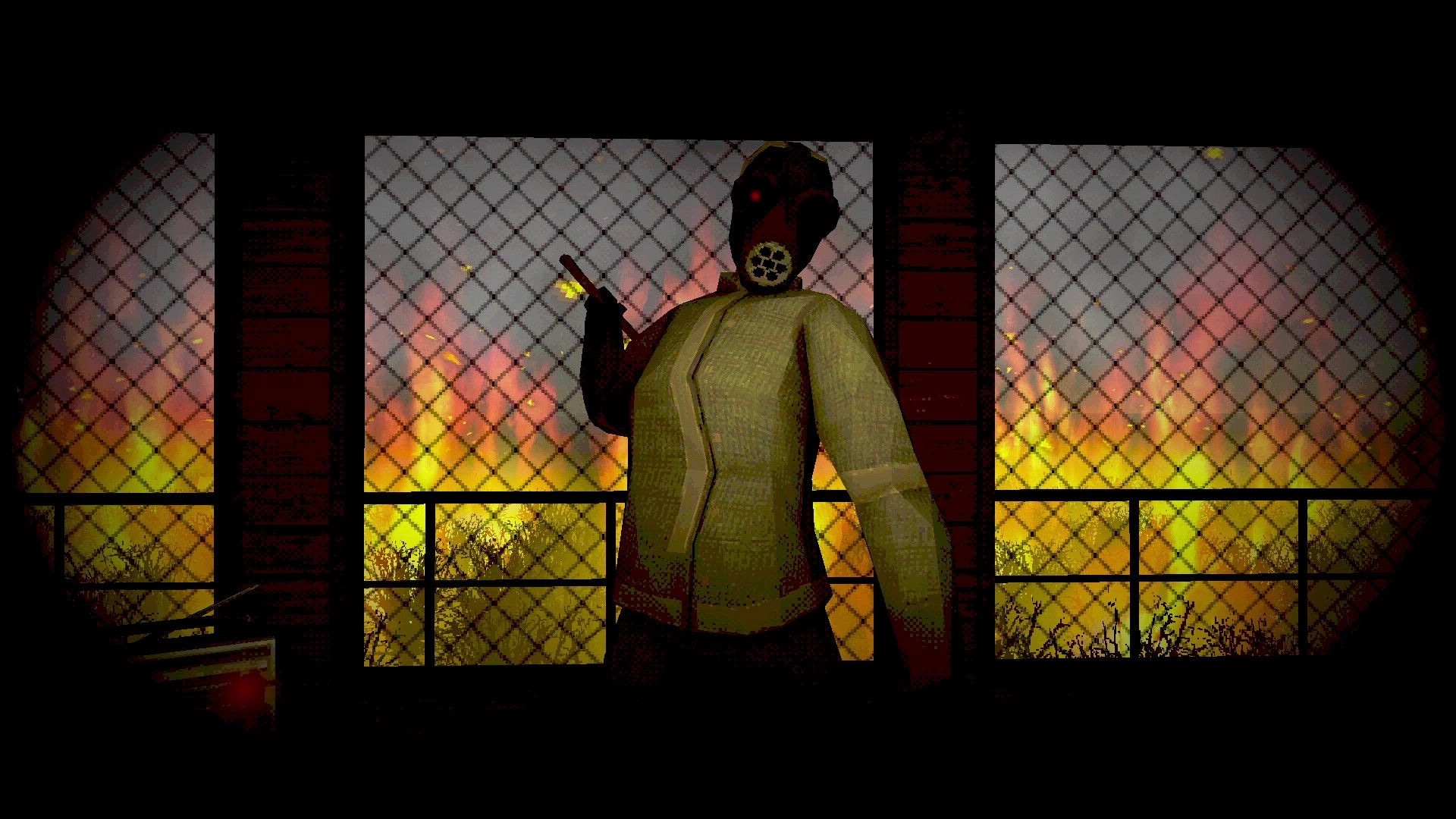 ARSONATE: Masked figure stands before fiery backdrop behind barred windows in dimly lit room