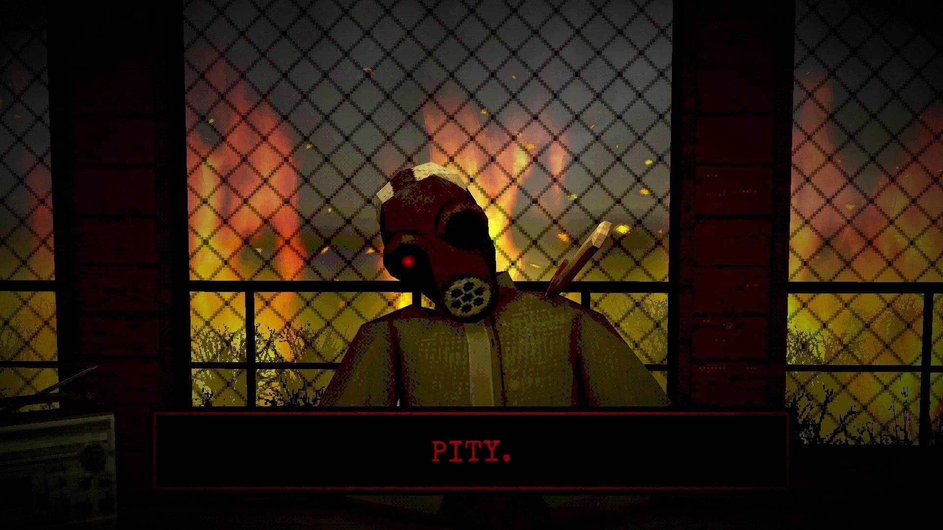 ARSONATE: Gas-masked figure in front of fire-lit fence with "PITY" text overlay in darkened room.