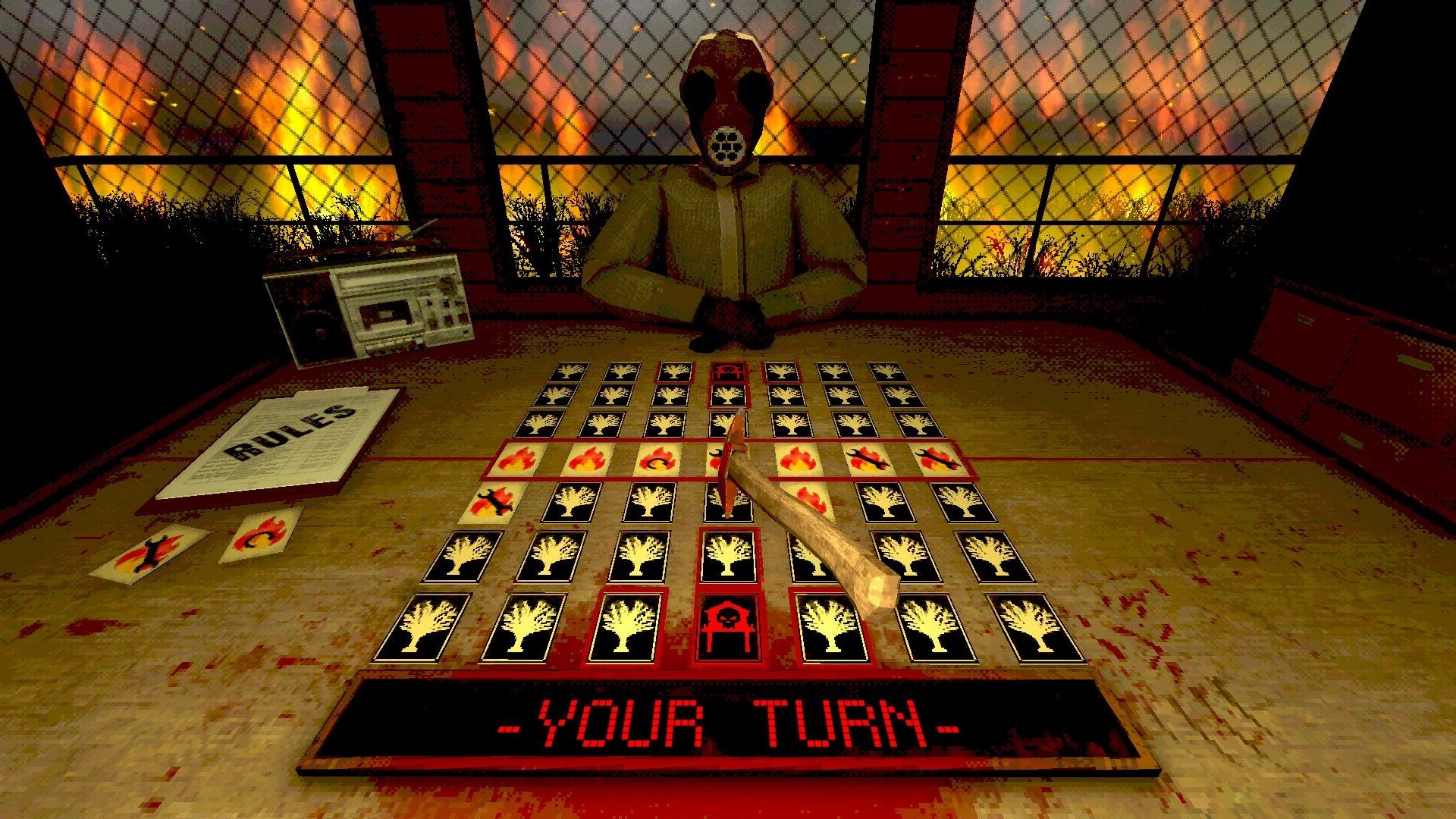 ARSONATE: Player flips cards on a fire-themed board game under a masked figure in a burning room.