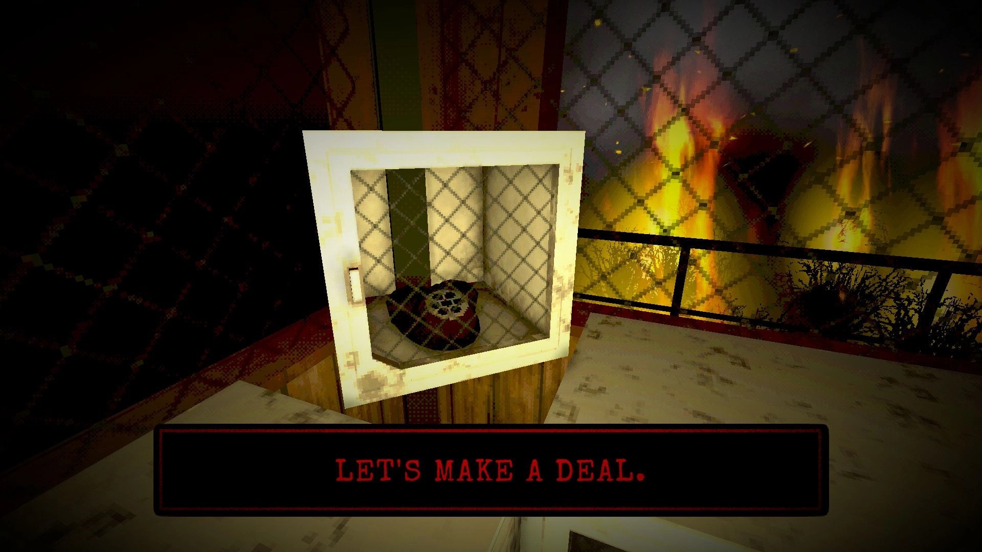 ARSONATE: Open cabinet with rotary phone, flames visible outside barred window in dimly lit room.
