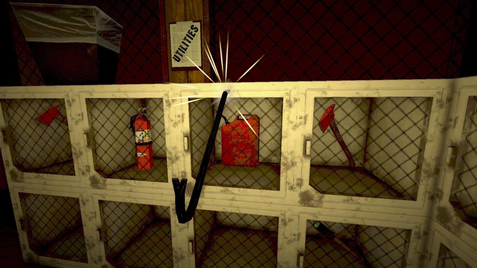 ARSONATE: Crowbar and fire extinguisher in storage cage, utility room with tools and equipment visible