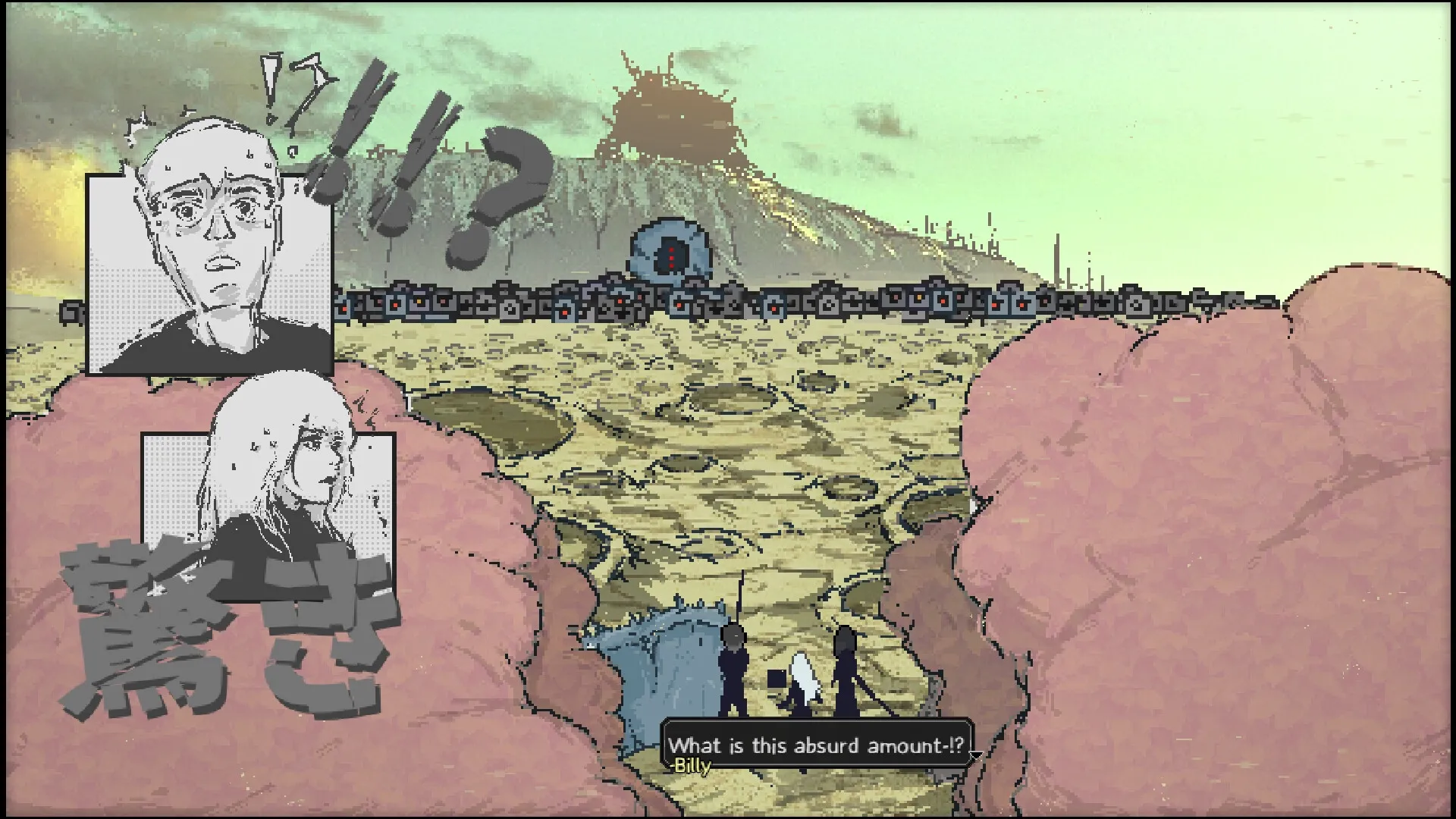 Artis Impact: Akane and Bot confront massive enemy in desert with dramatic character pop-ups visible