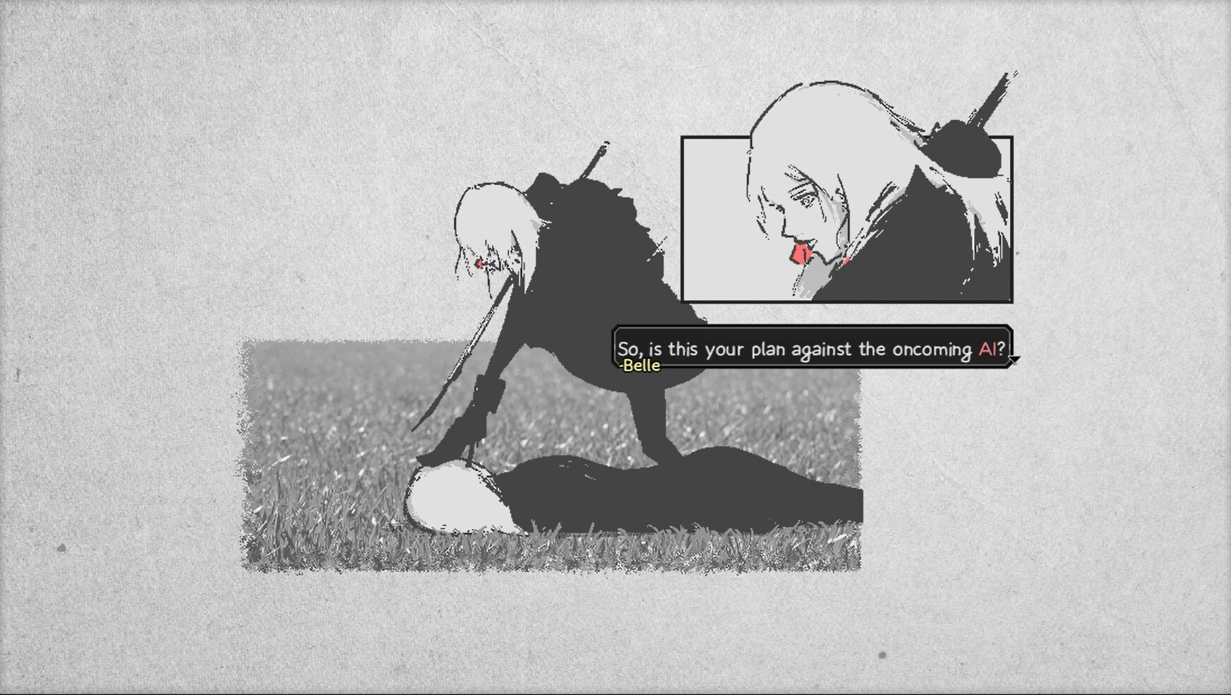 Artis Impact: Belle questions a plan against AI, kneeling over a figure in a grayscale grassy field.