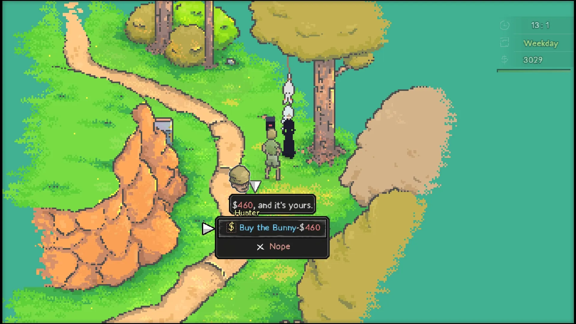 Artis Impact: Akane negotiating with a hunter to buy a bunny in a lush forest setting
