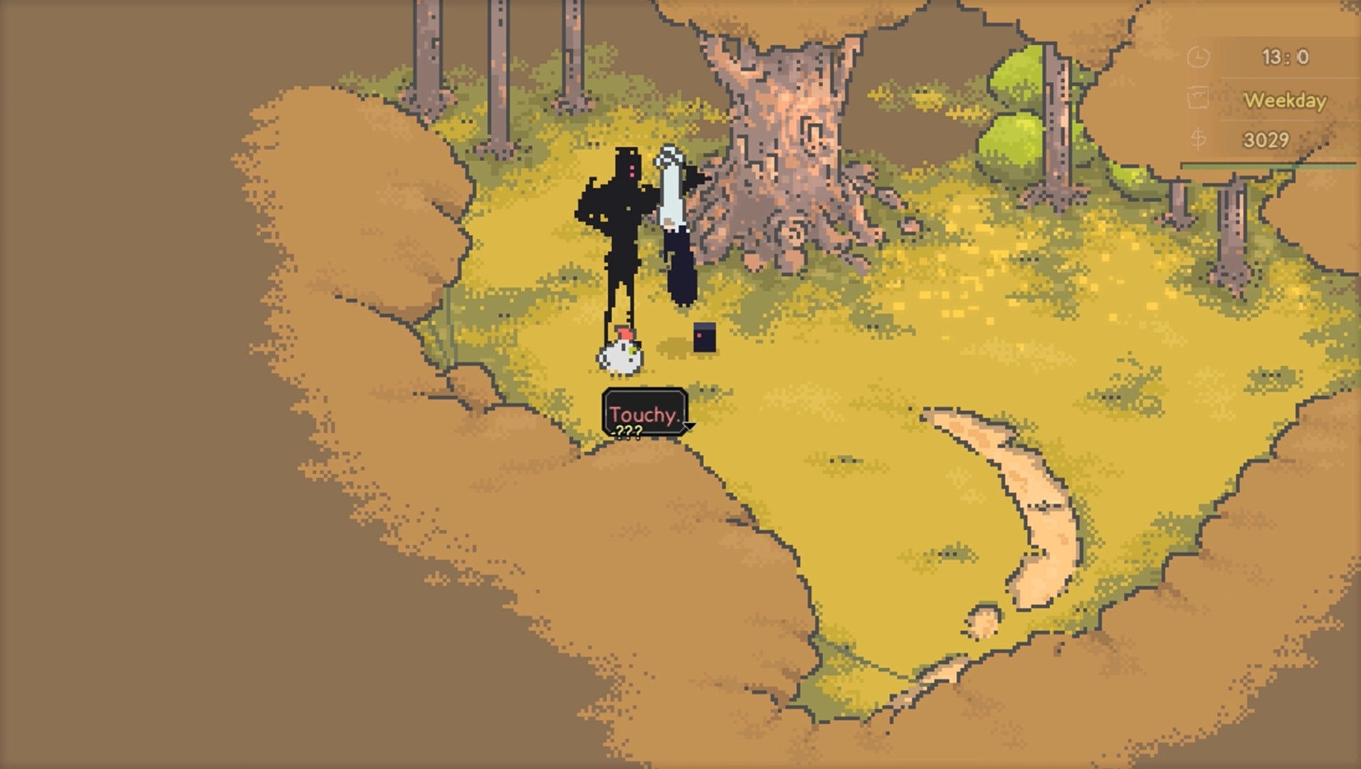 Artis Impact: Akane and Bot encounter mysterious figure near tree in pixel-art forest clearing