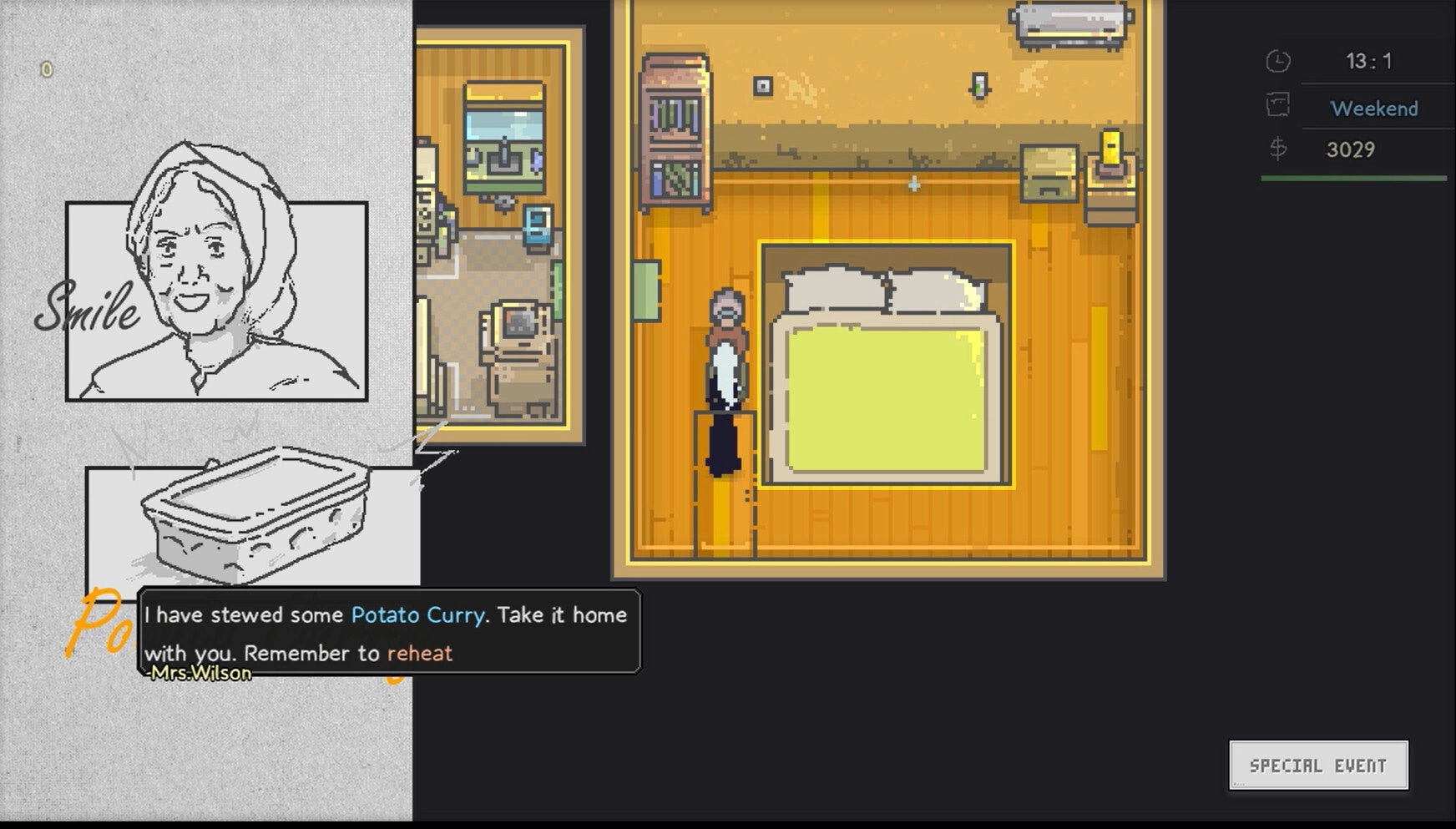 Artis Impact: Akane in her bedroom with dialogue from Mrs. Wilson about Potato Curry, time 13:1 displayed.