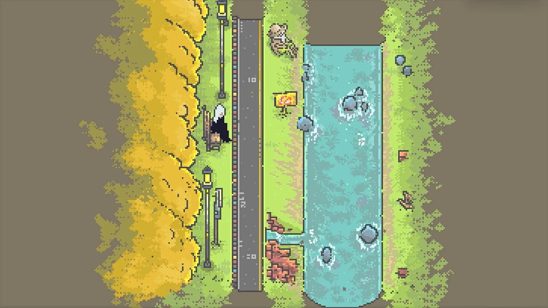 Artis Impact: Akane and Bot rest by a road near a river, surrounded by trees and scattered items.