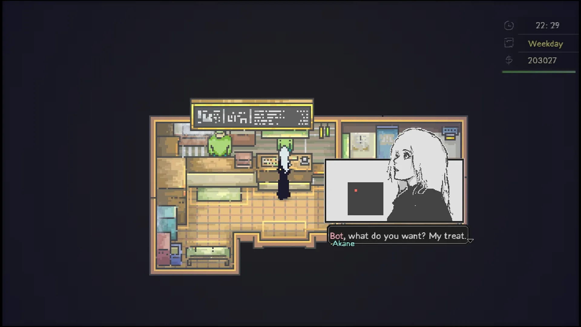 Artis Impact: Akane interacts with Bot in a cozy room, dialogue box at bottom, time displayed top right.