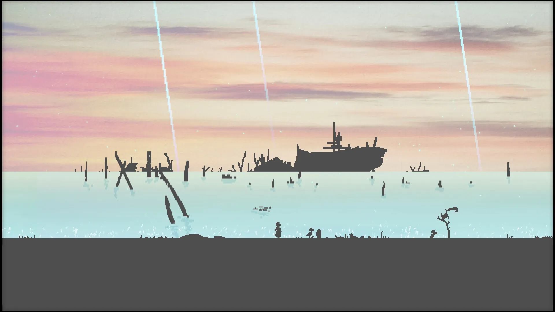 Artis Impact: Akane and Bot explore a serene, post-apocalyptic seascape with a silhouetted shipwreck.