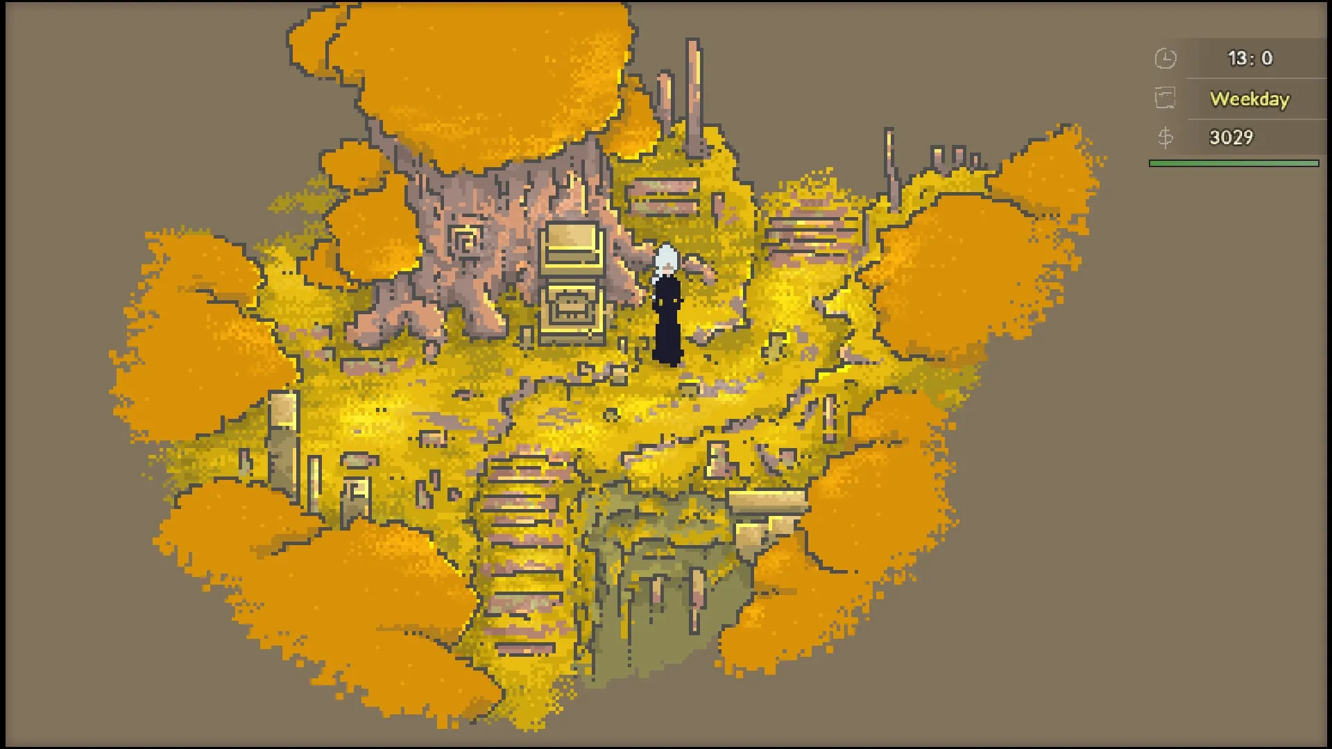 Artis Impact: Akane explores a pixel-art forest with golden trees, checking a console near a large tree.