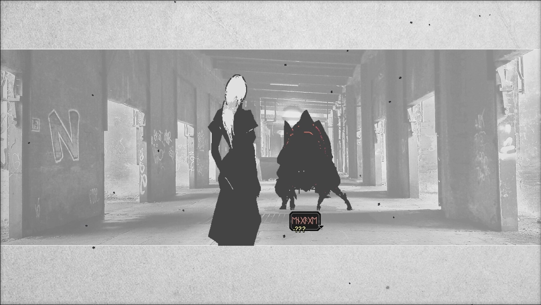 Artis Impact: Akane encounters a shadowy figure in a graffiti-covered, post-apocalyptic urban hallway.