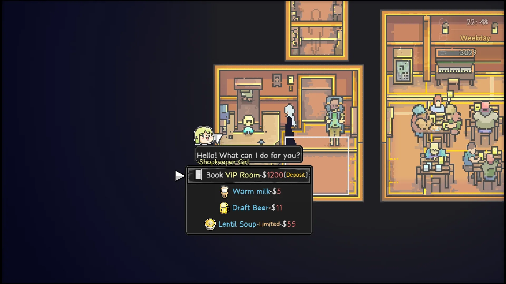 Artis Impact: Akane interacts with shopkeeper in pixel-art inn, booking VIP room, menu options displayed.