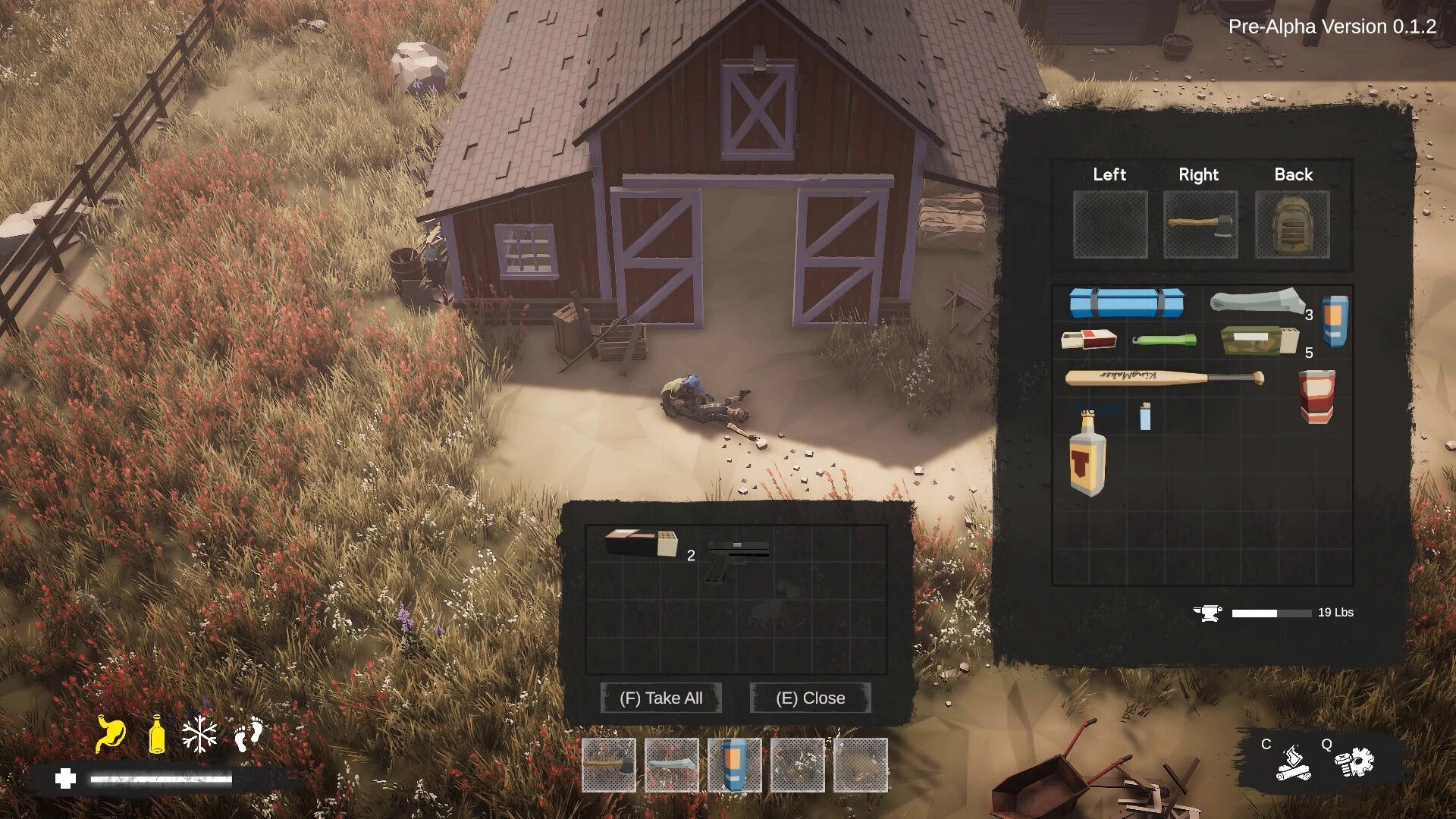 As One We Survive: Looting inventory UI beside a barnyard, body on ground and supplies shown.