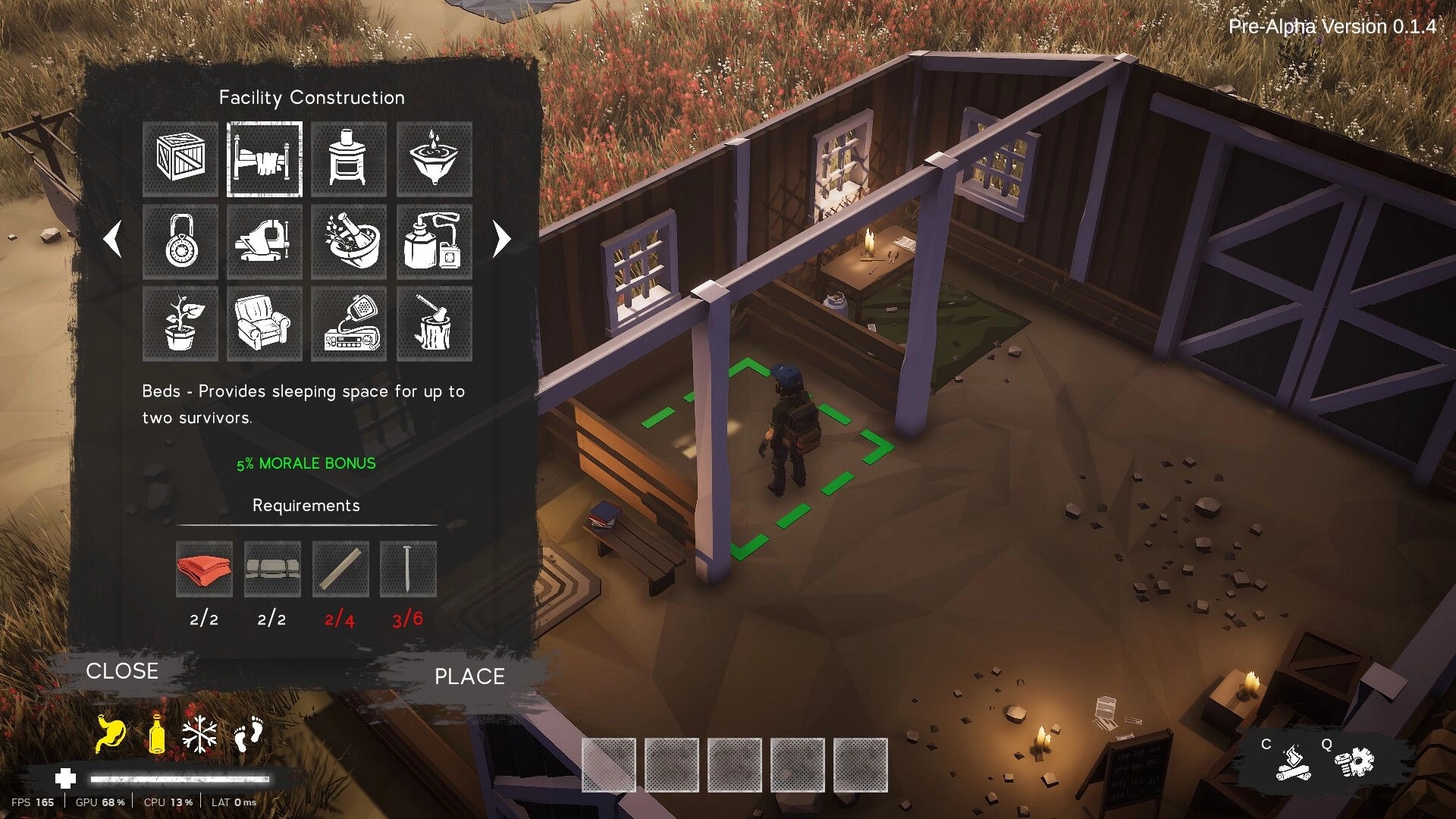 As One We Survive: Facility Construction menu placing beds inside a wooden house with green grid marker.