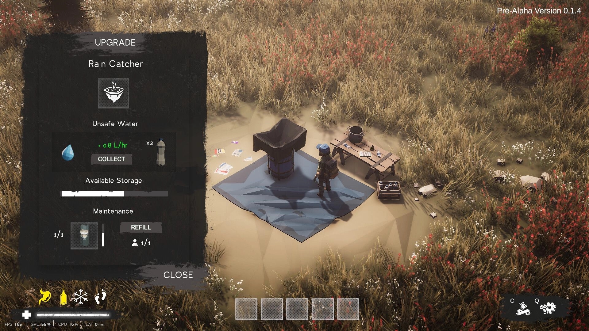 As One We Survive: Upgrading a rain catcher with collect/refill UI in a grassy camp clearing.