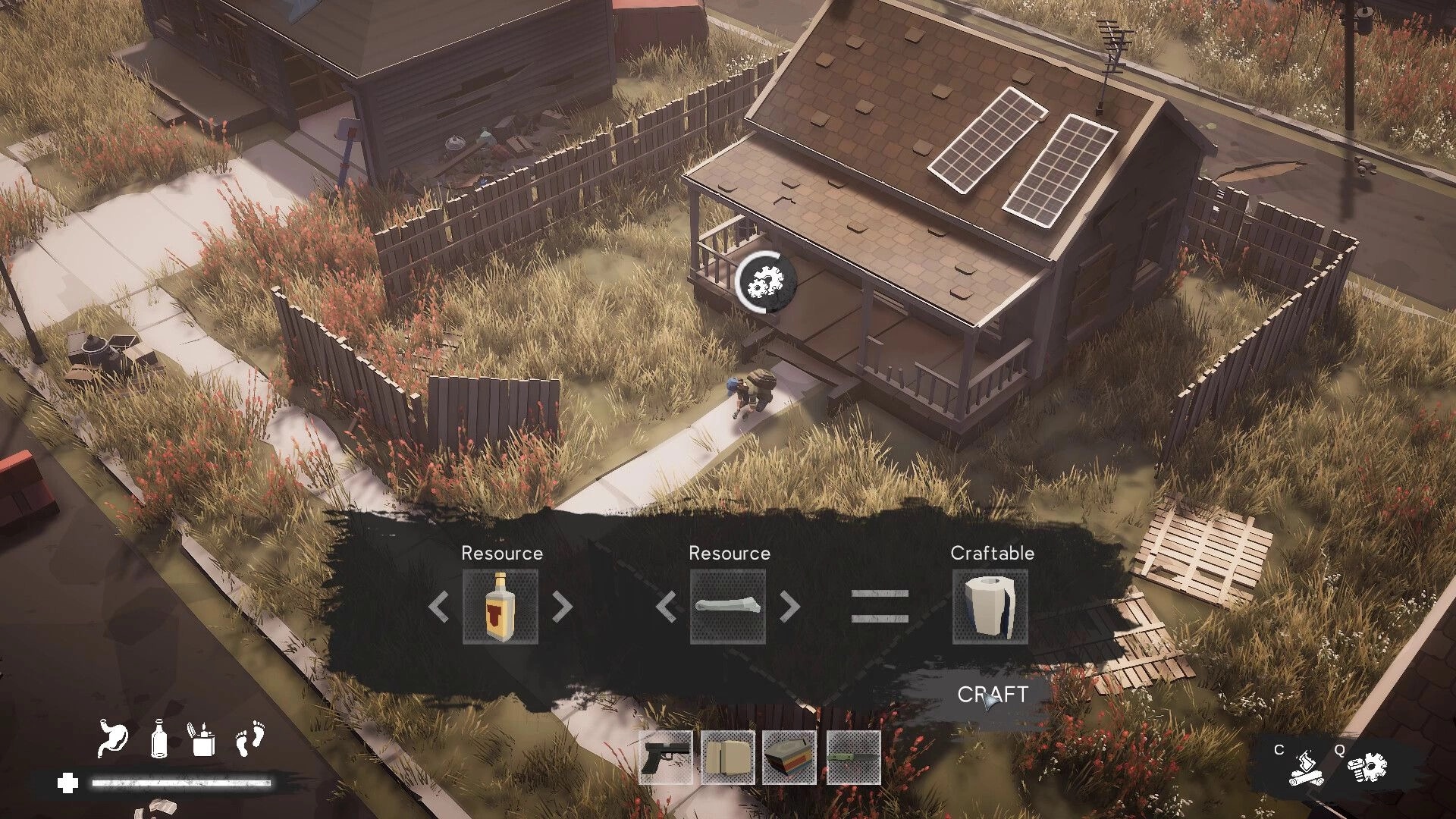 As One We Survive: Crafting UI over survivor at fenced house with solar panels and overgrown yard.